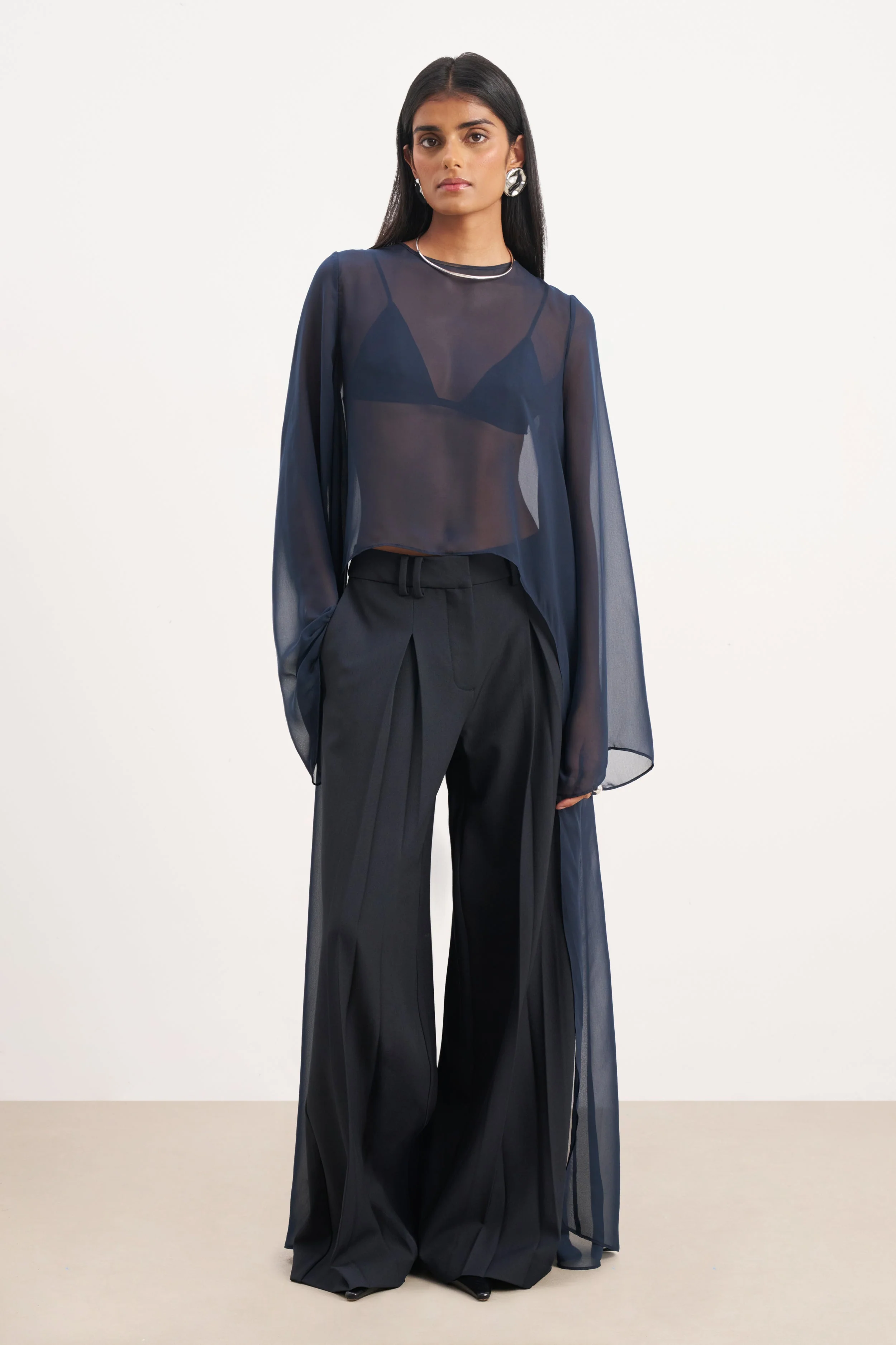 Box Pleat Tailored Wide Leg Trousers - Navy