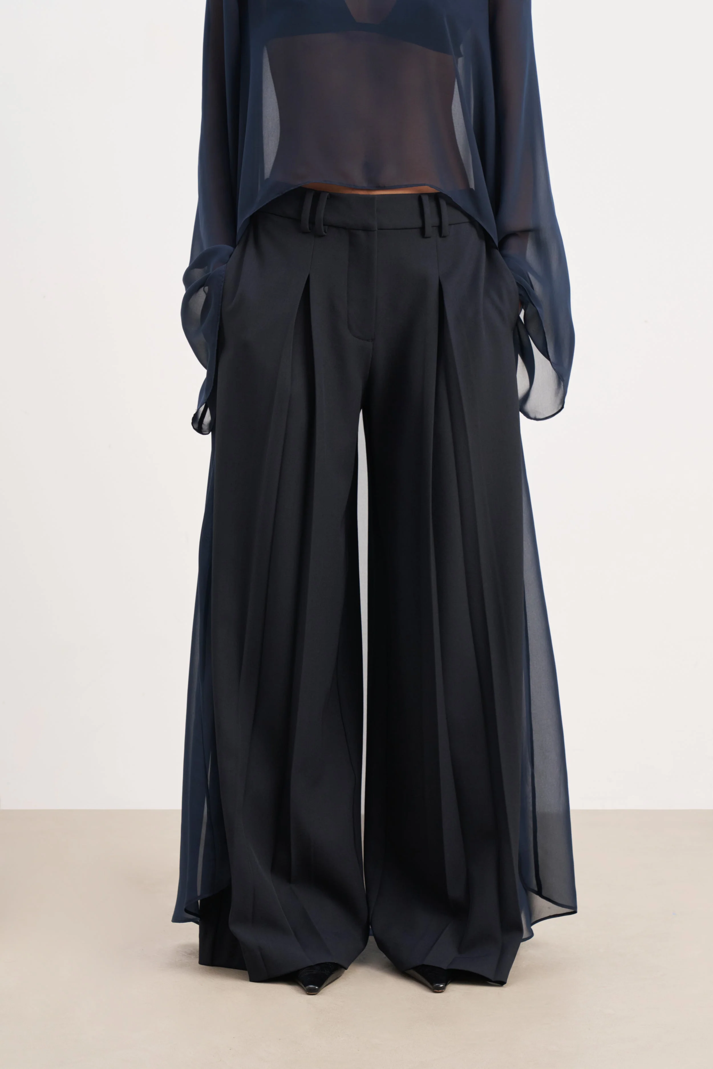 Box Pleat Tailored Wide Leg Trousers - Navy - Image 2