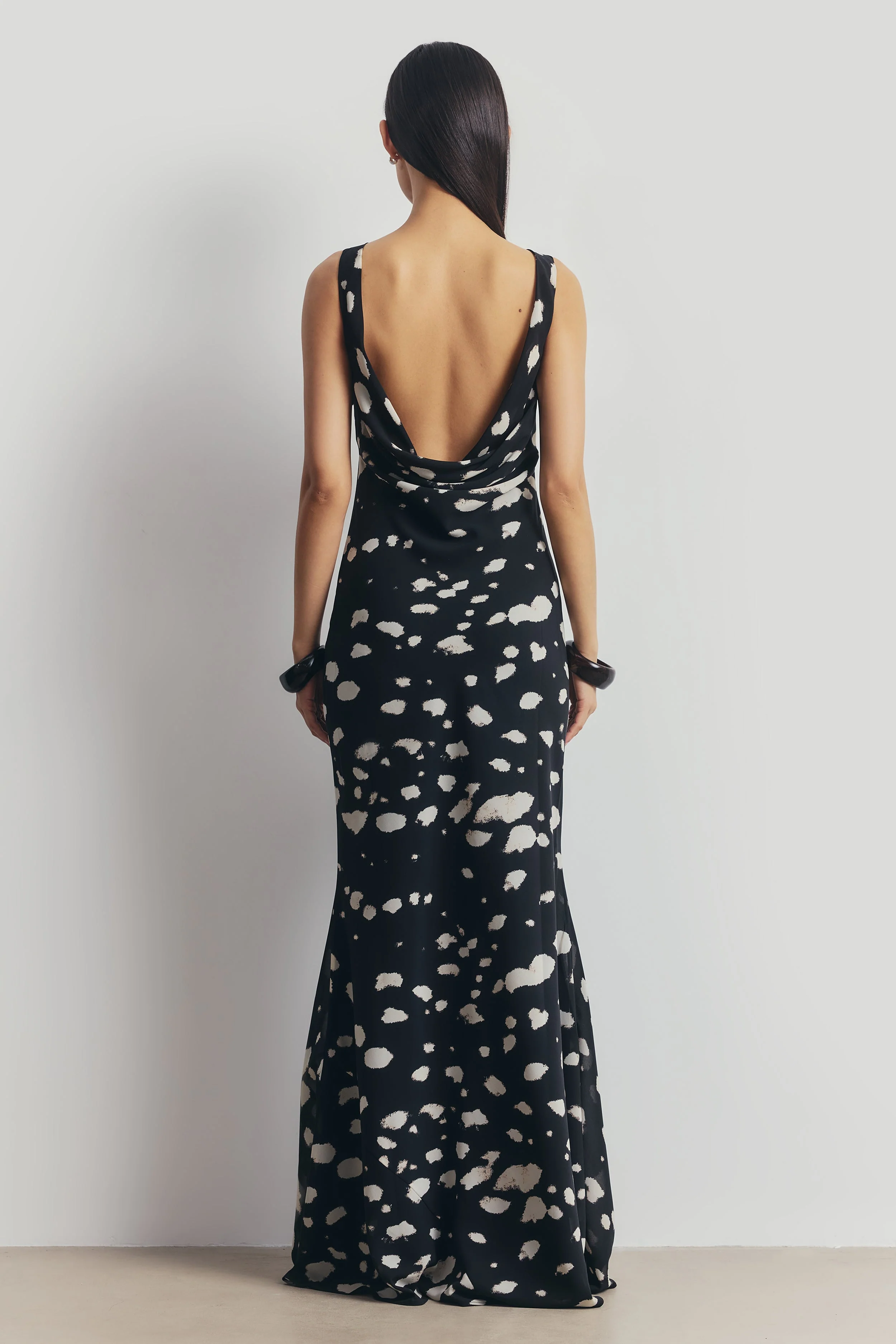 Chiffon Backless Cowl Maxi Dress - Abstract Dot - Image 2