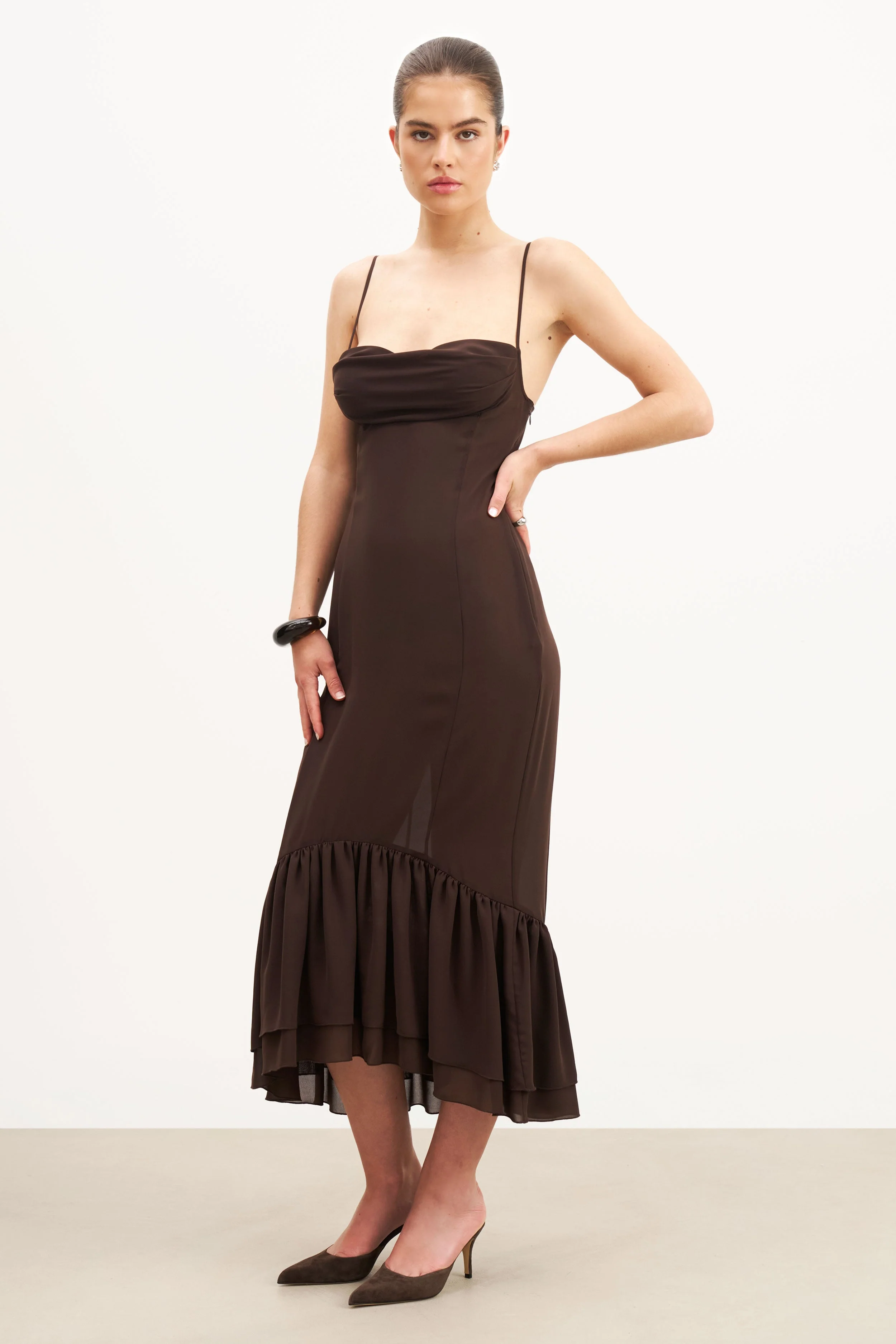 Chiffon Ruffle Ruched Bust Midi Dress - Carob - Image 2