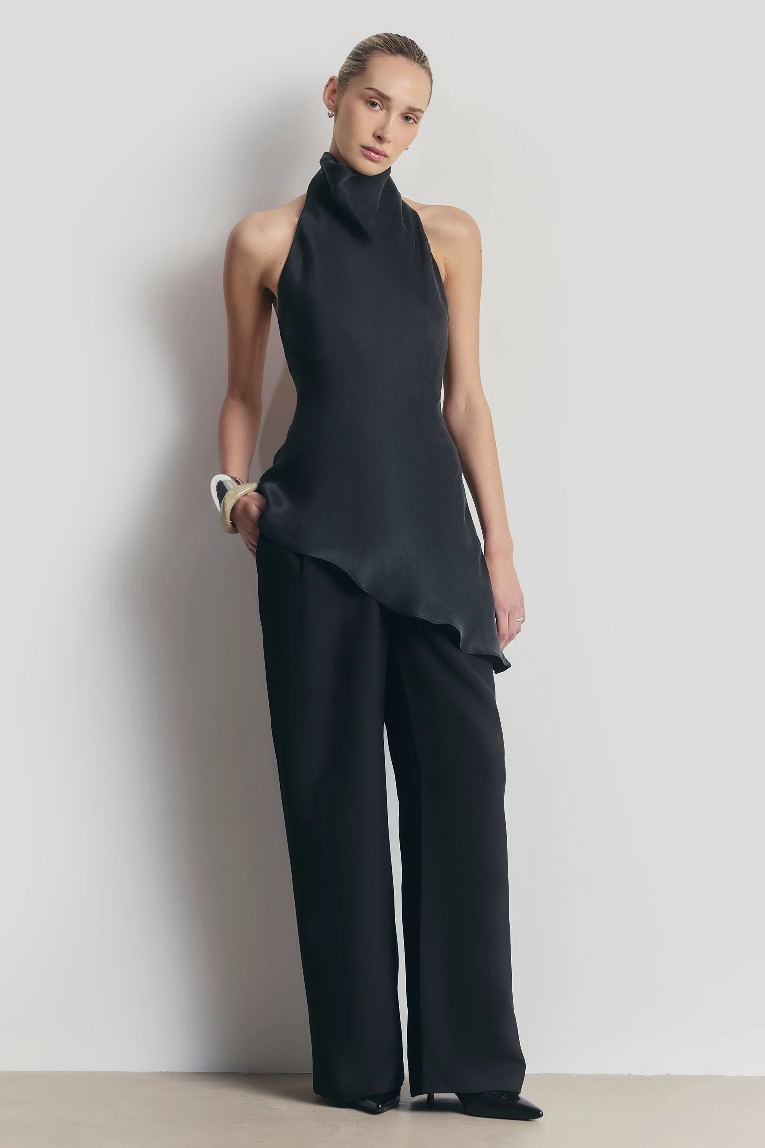 Cowl Neck Asymmetric Top - Black - Image 2