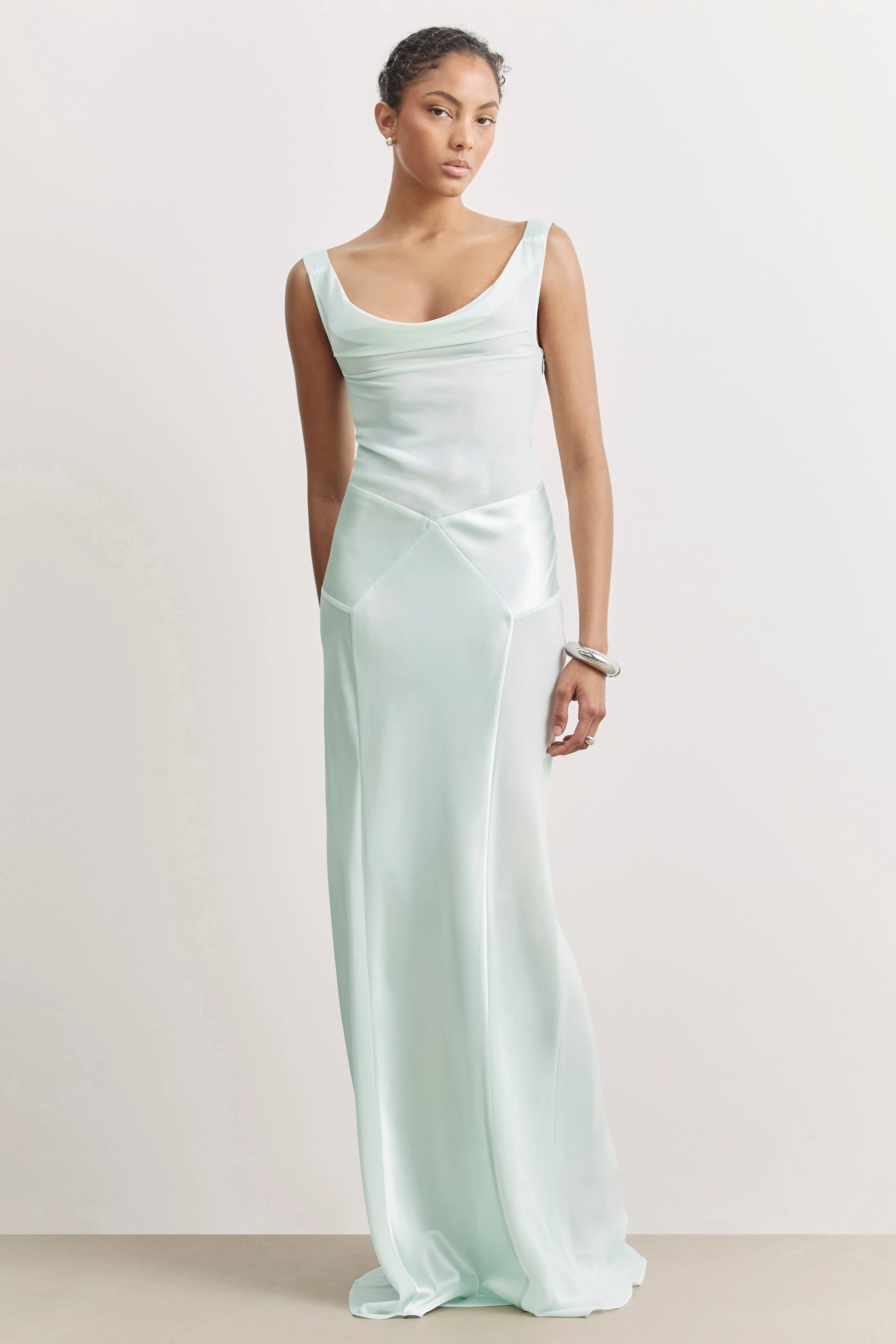 Sheer Chiffon Cowl Neck Satin Panel Gown - Mint