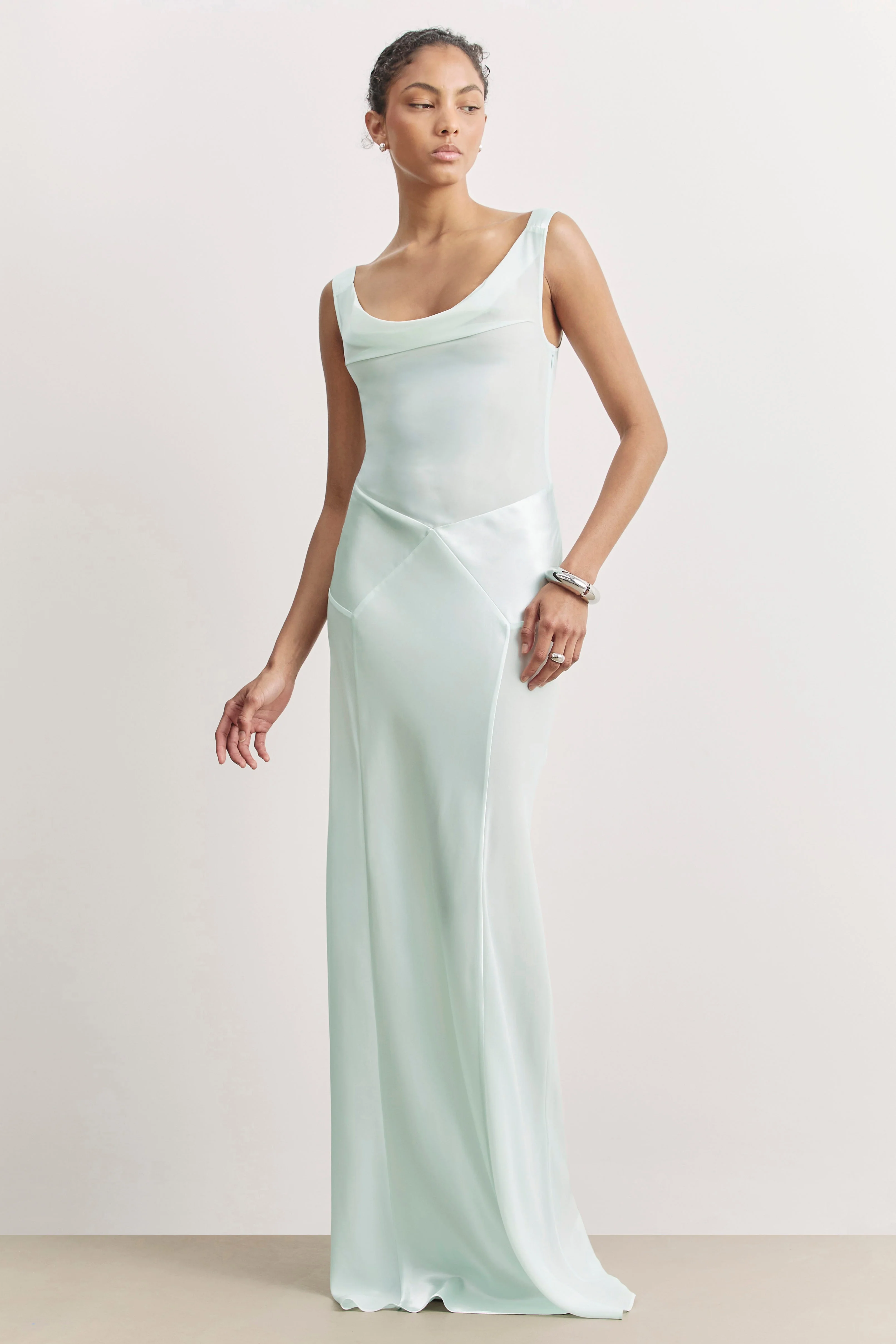 Sheer Chiffon Cowl Neck Satin Panel Gown - Mint - Image 5