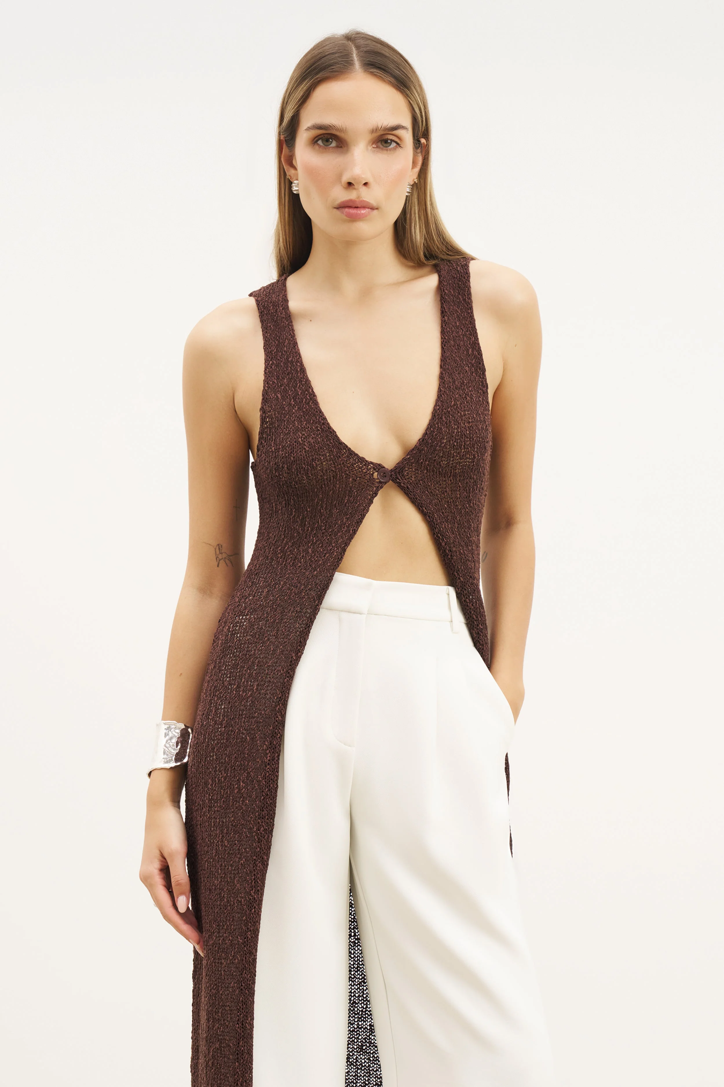 Crochet Knit V Neck Maxi Waistcoat - Carob - Image 3