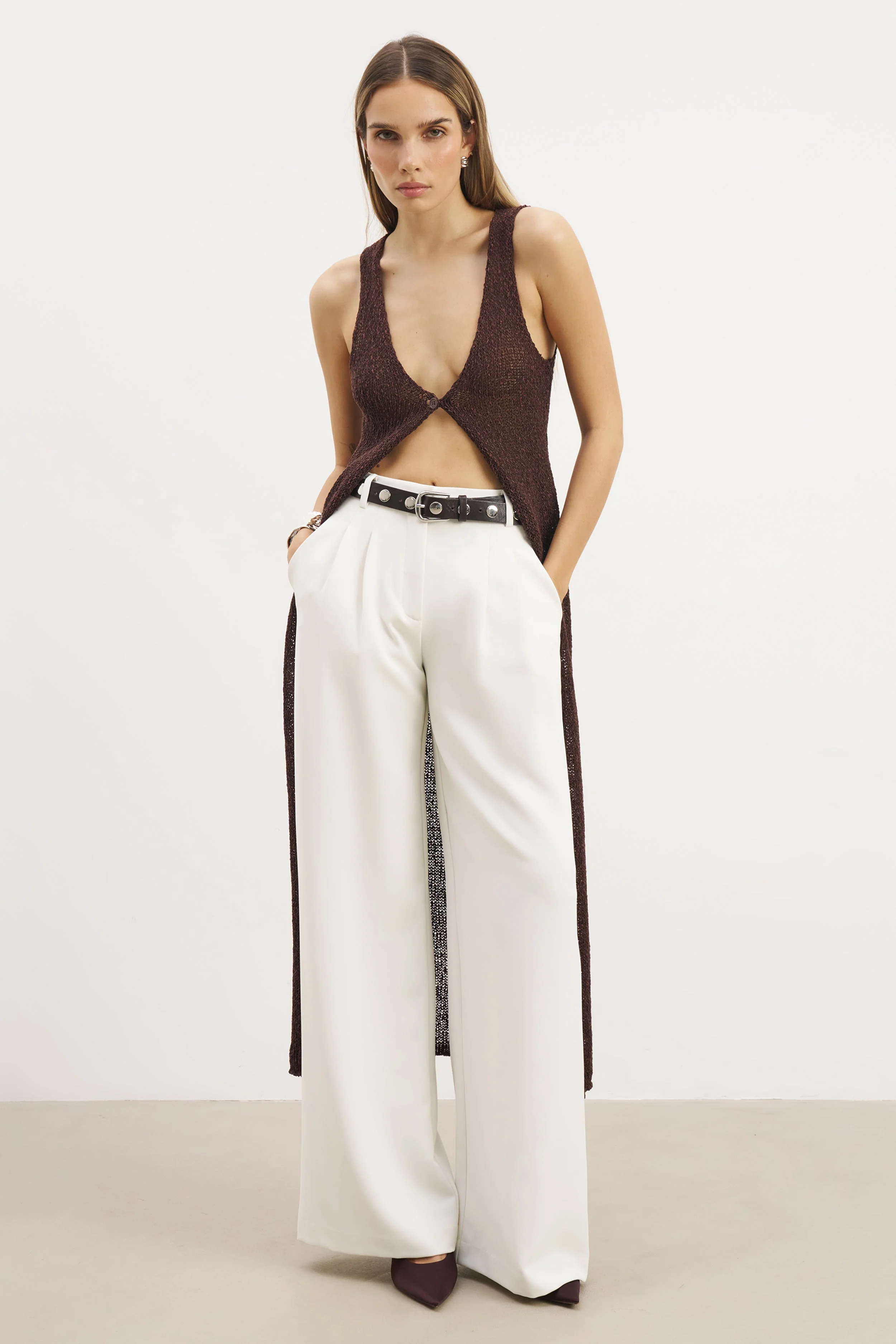 Crochet Knit V Neck Maxi Waistcoat - Carob - Image 6