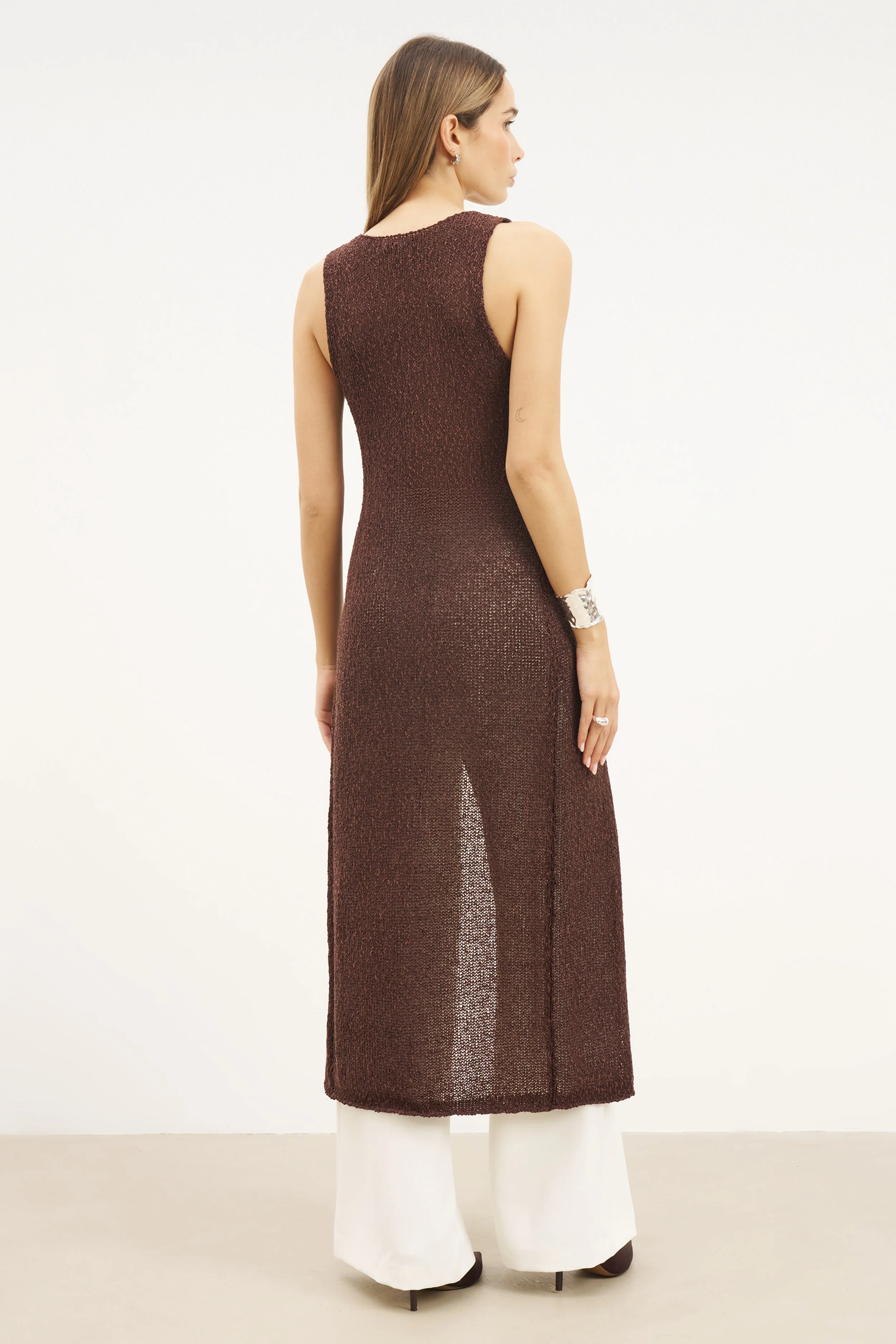 Crochet Knit V Neck Maxi Waistcoat - Carob - Image 8