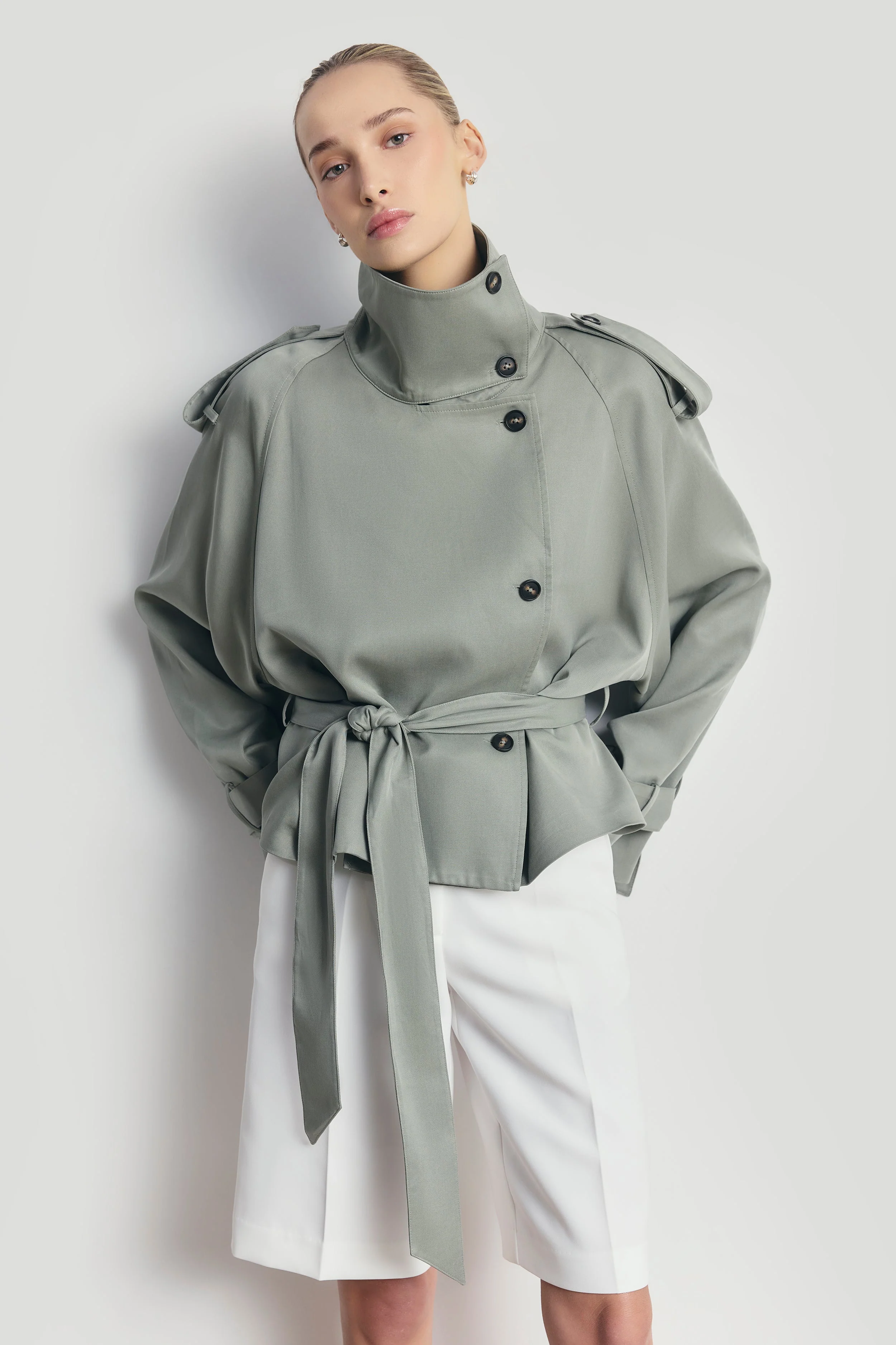 Cropped Funnel Neck Trench - Antique Sage - Image 2