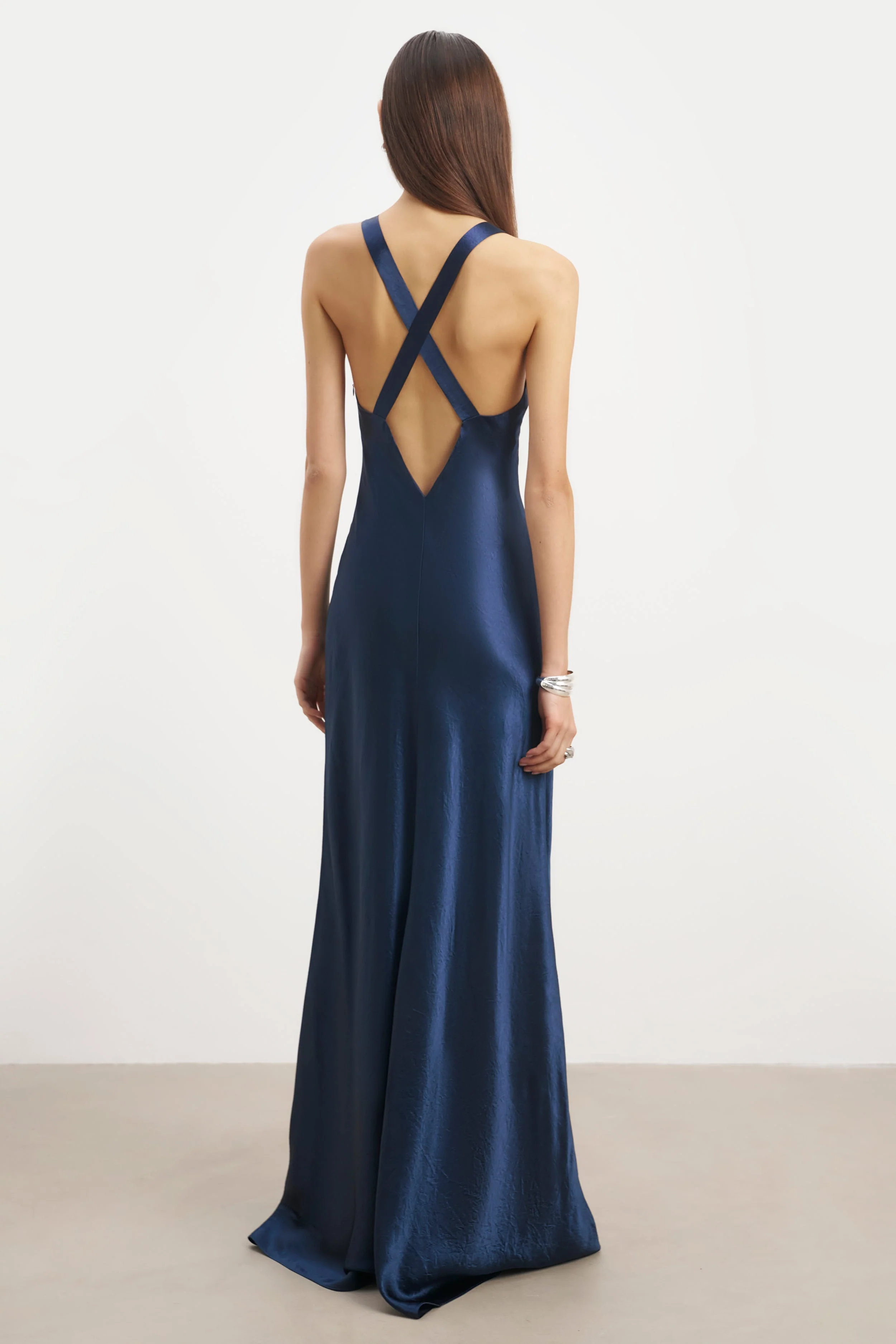 Crushed Satin Cross Back Gown - Navy - Image 2