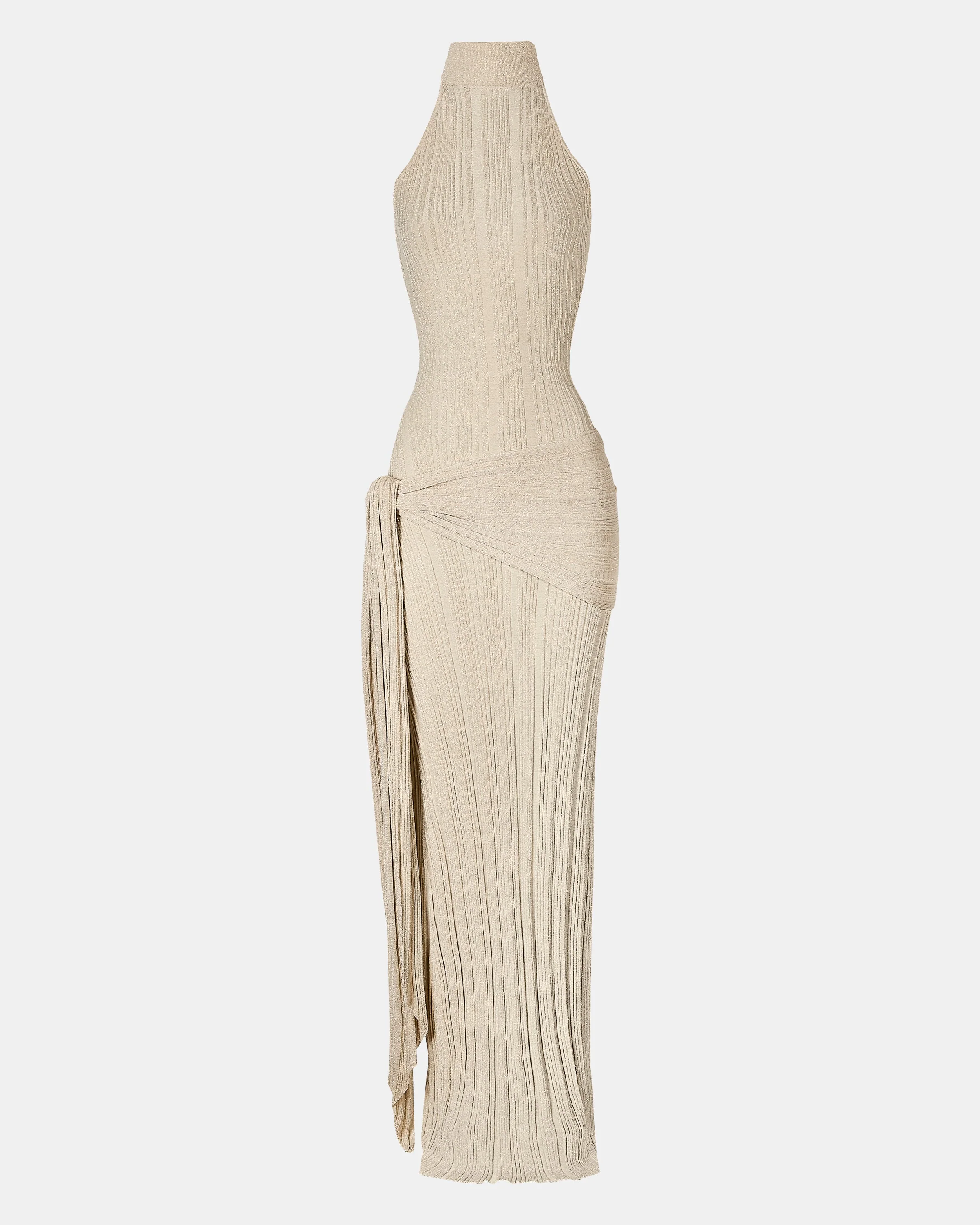 Fine Knit Gathered Halter Neck Maxi Dress - Champagne Shimmer - Image 12