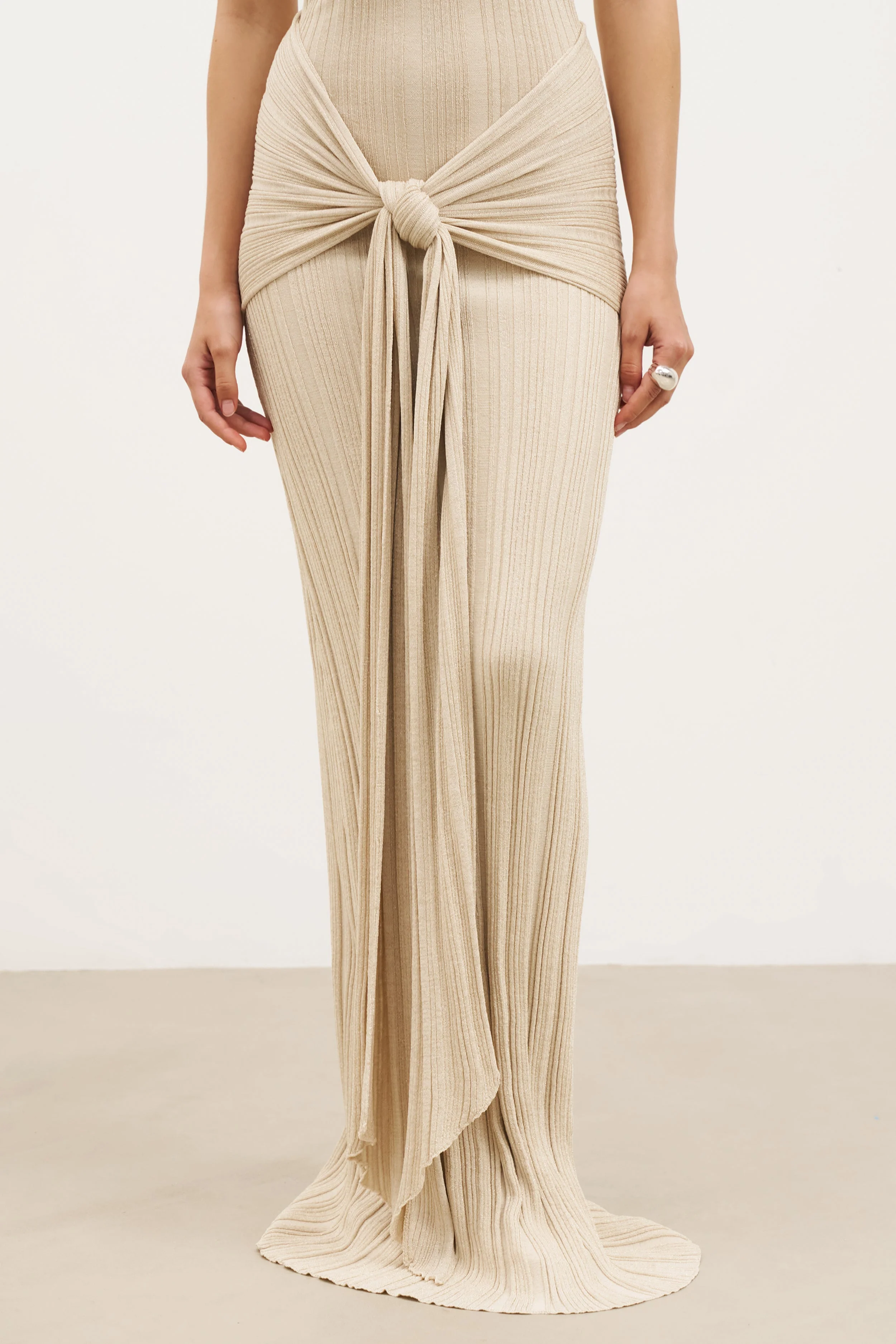Fine Knit Gathered Halter Neck Maxi Dress - Champagne Shimmer - Image 4