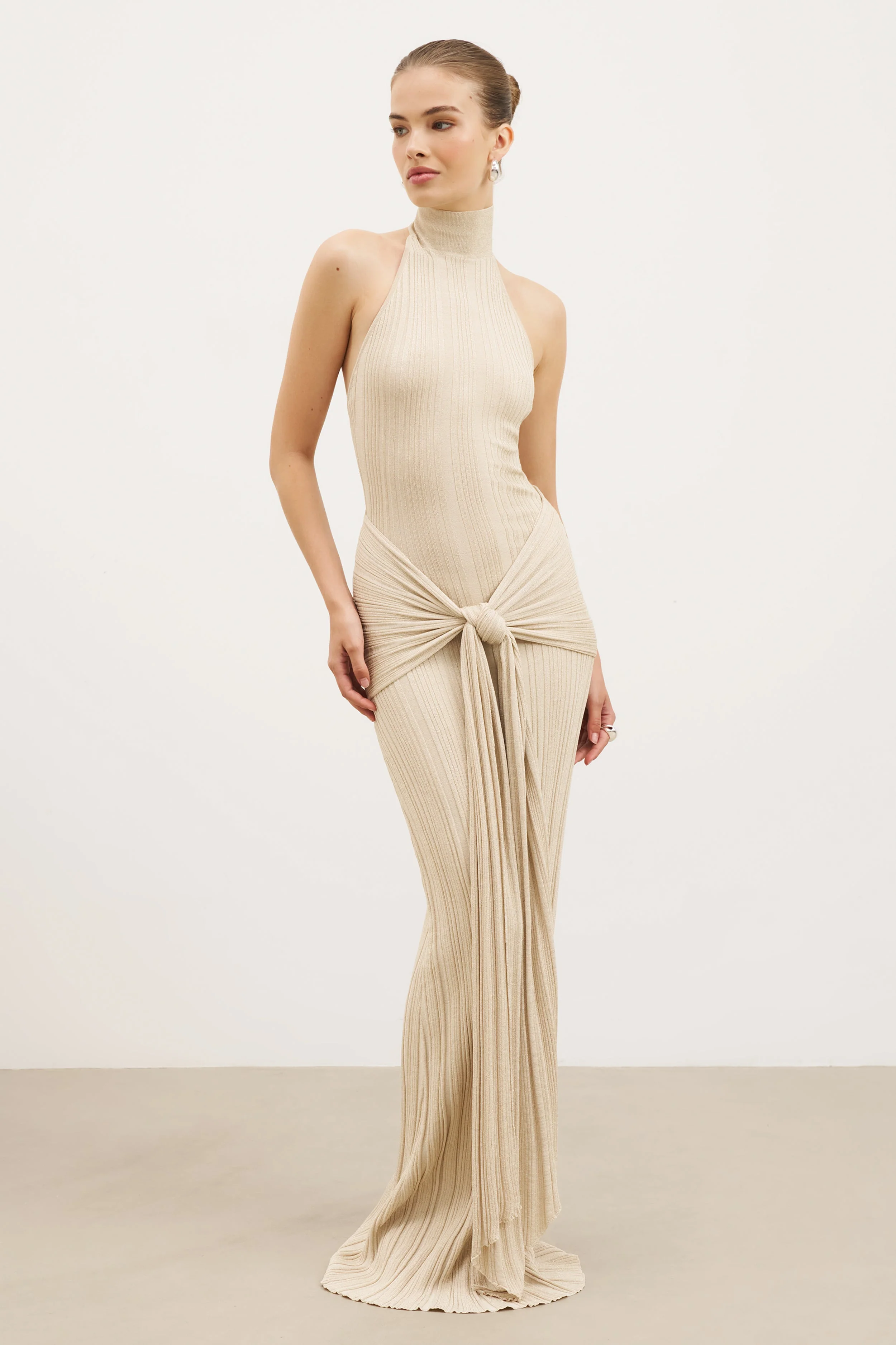 Fine Knit Gathered Halter Neck Maxi Dress - Champagne Shimmer - Image 6