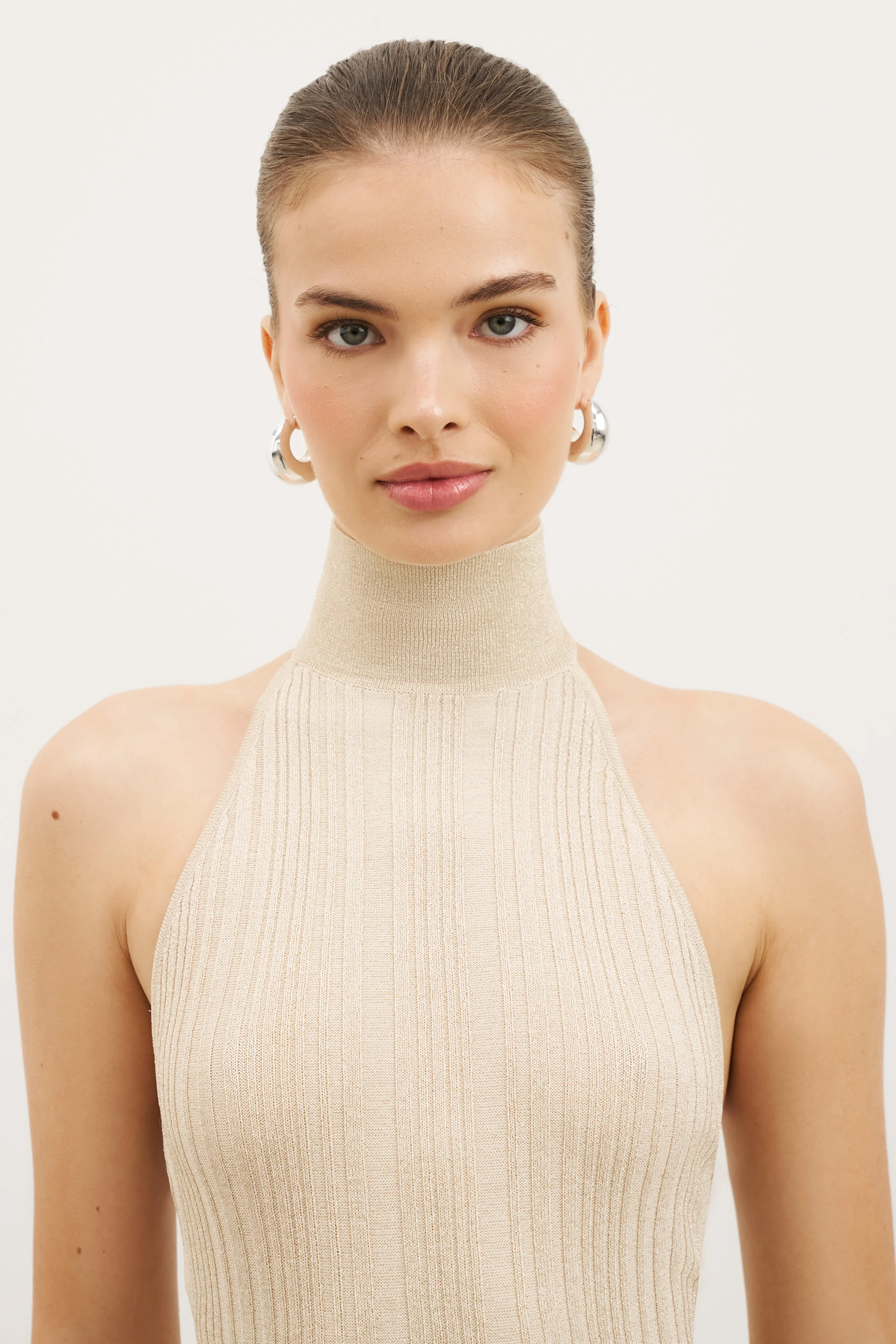 Fine Knit Gathered Halter Neck Maxi Dress - Champagne Shimmer - Image 7