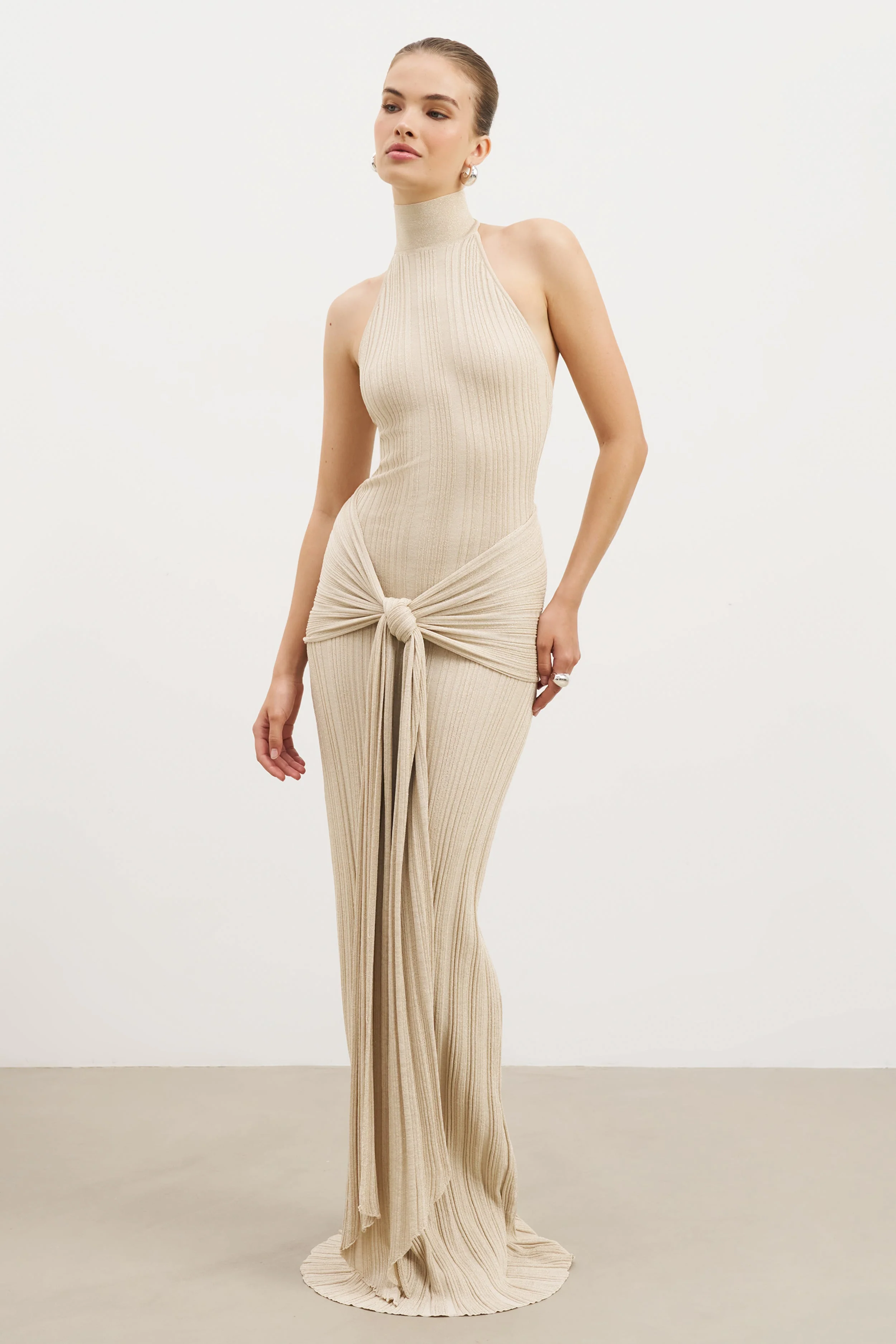 Fine Knit Gathered Halter Neck Maxi Dress - Champagne Shimmer - Image 8
