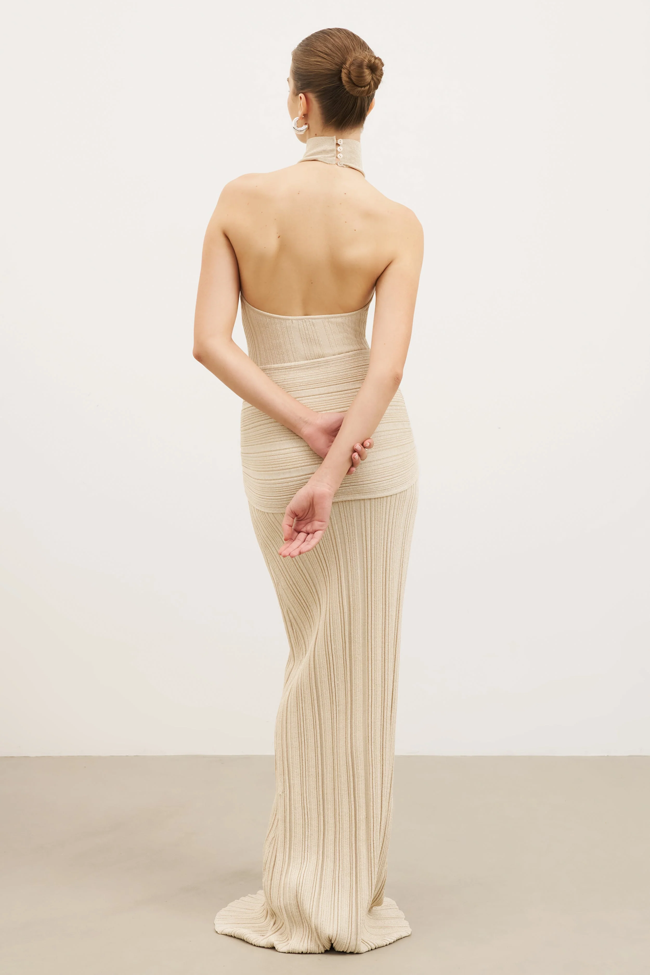 Fine Knit Gathered Halter Neck Maxi Dress - Champagne Shimmer - Image 9