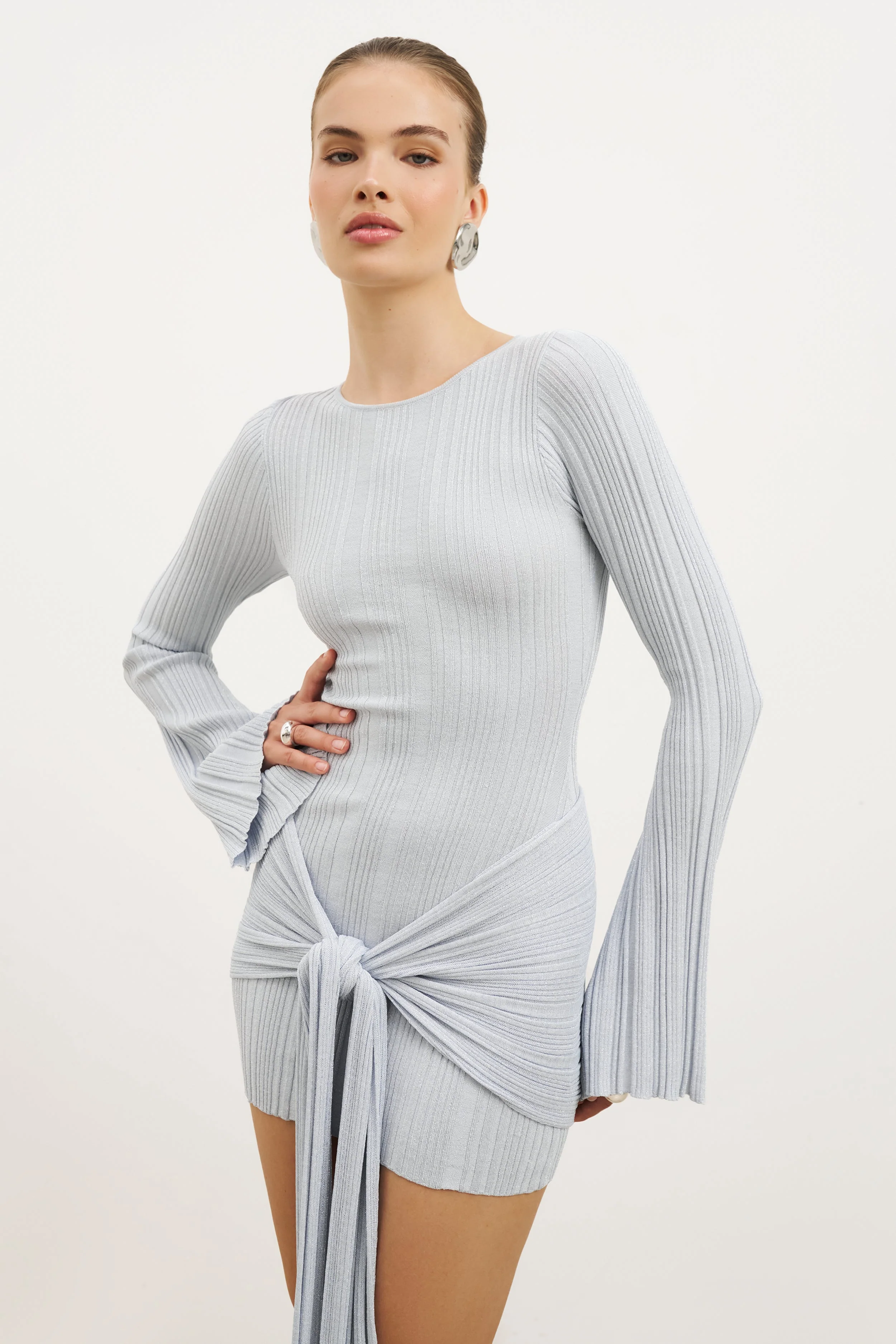 Fine Knit Gathered Longsleeve Mini Dress - Powder Blue Shimmer - Image 4