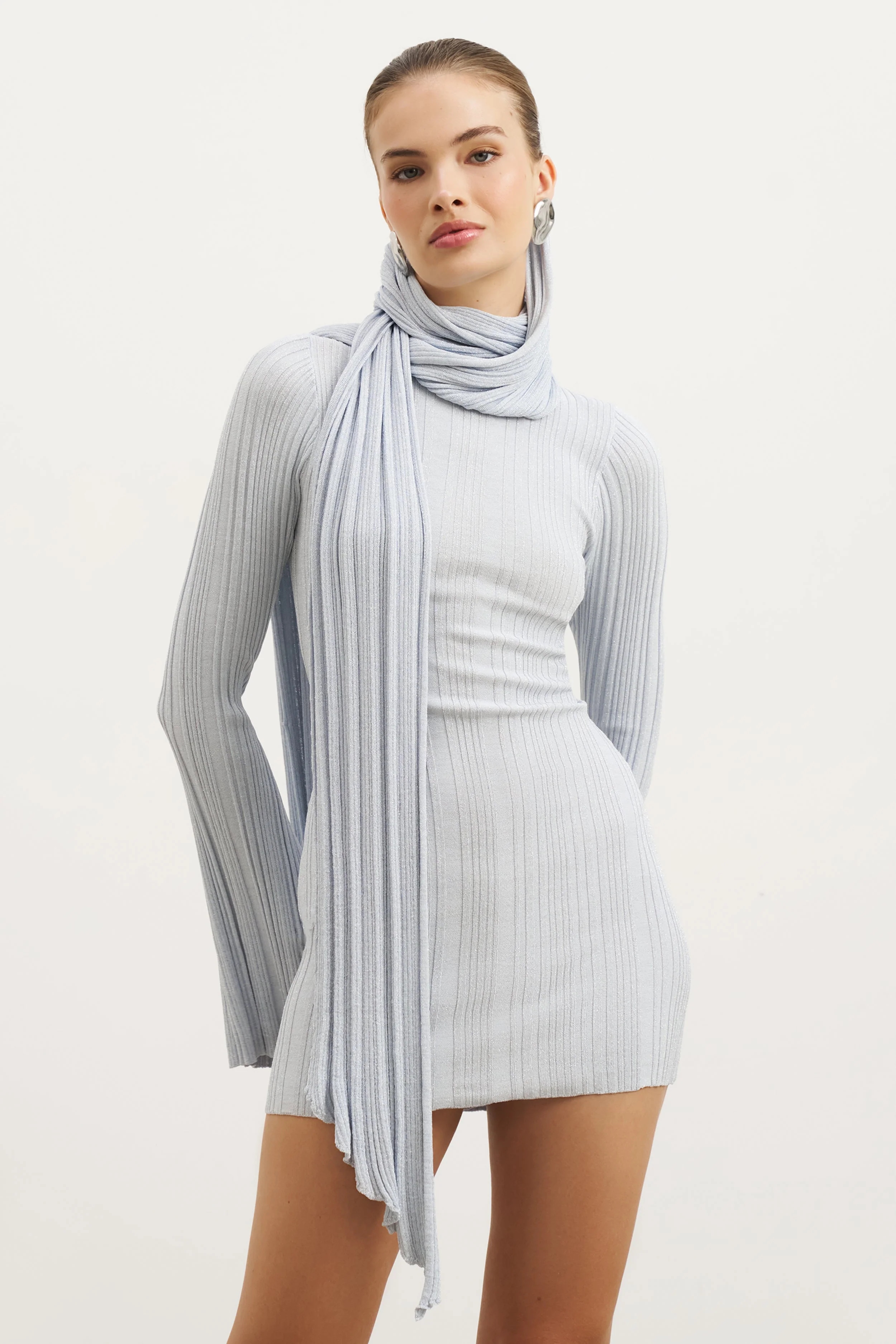 Fine Knit Gathered Longsleeve Mini Dress - Powder Blue Shimmer - Image 7