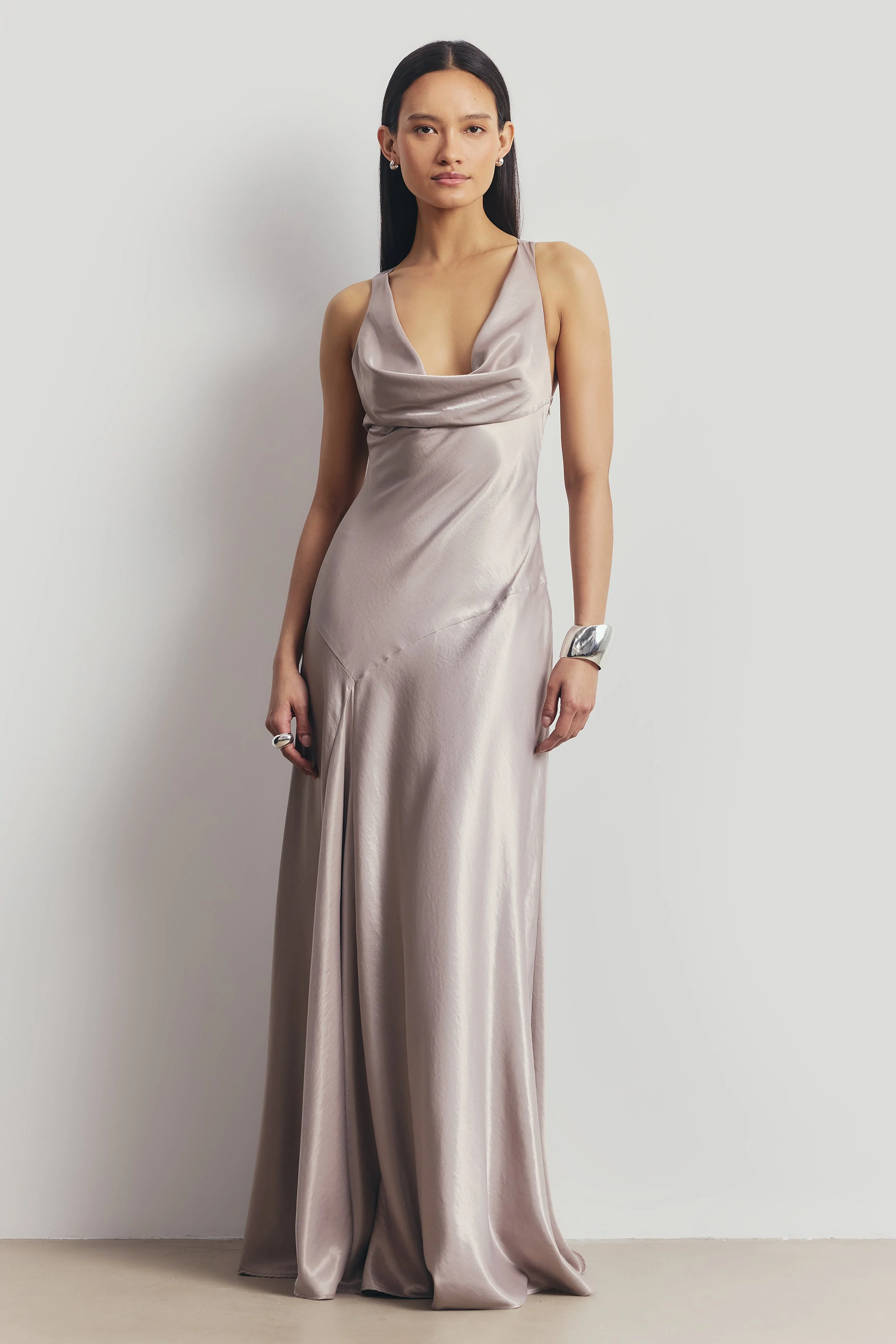 High Gloss Satin Asymmetric Panel Gown - Pebble