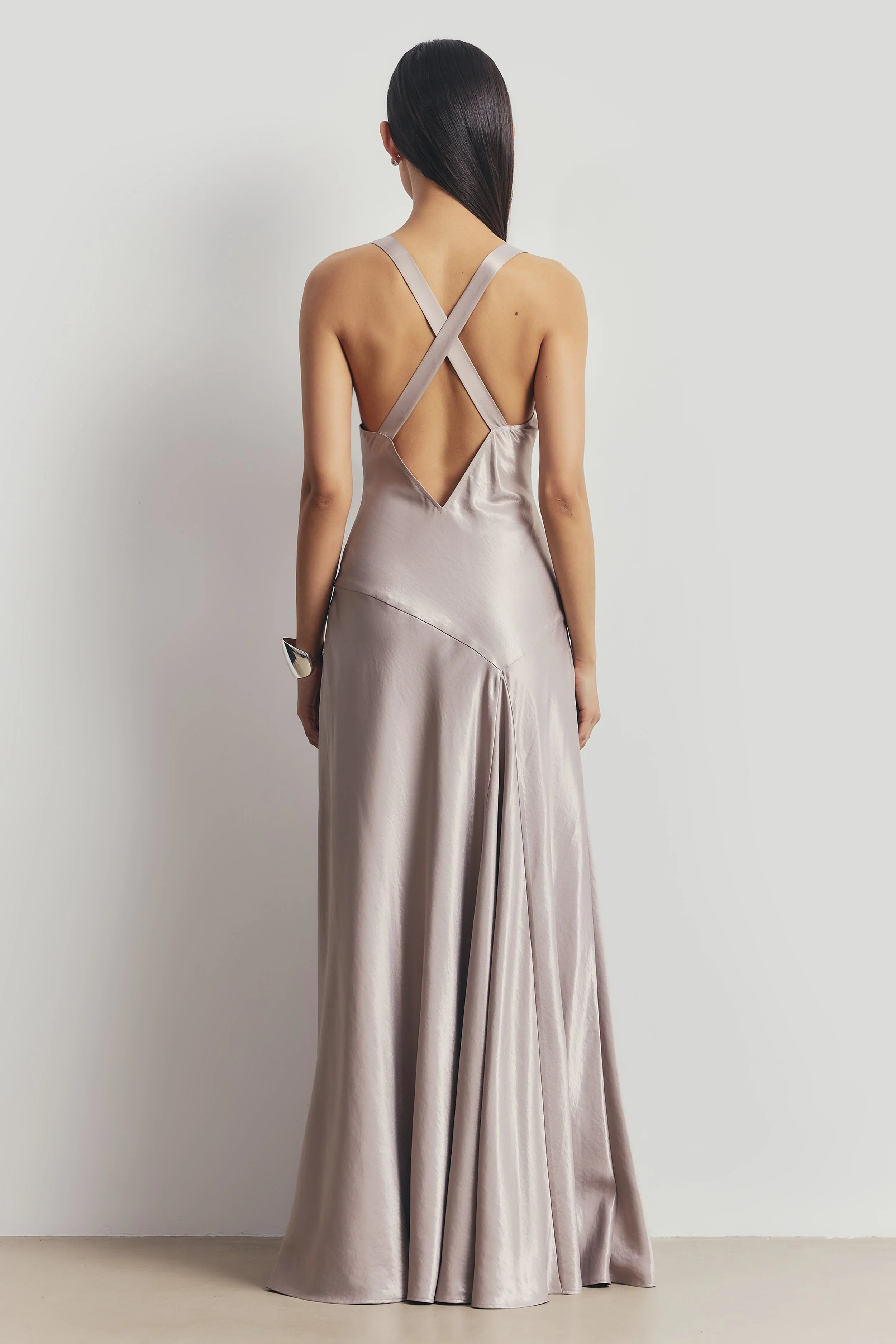 High Gloss Satin Asymmetric Panel Gown - Pebble - Image 2