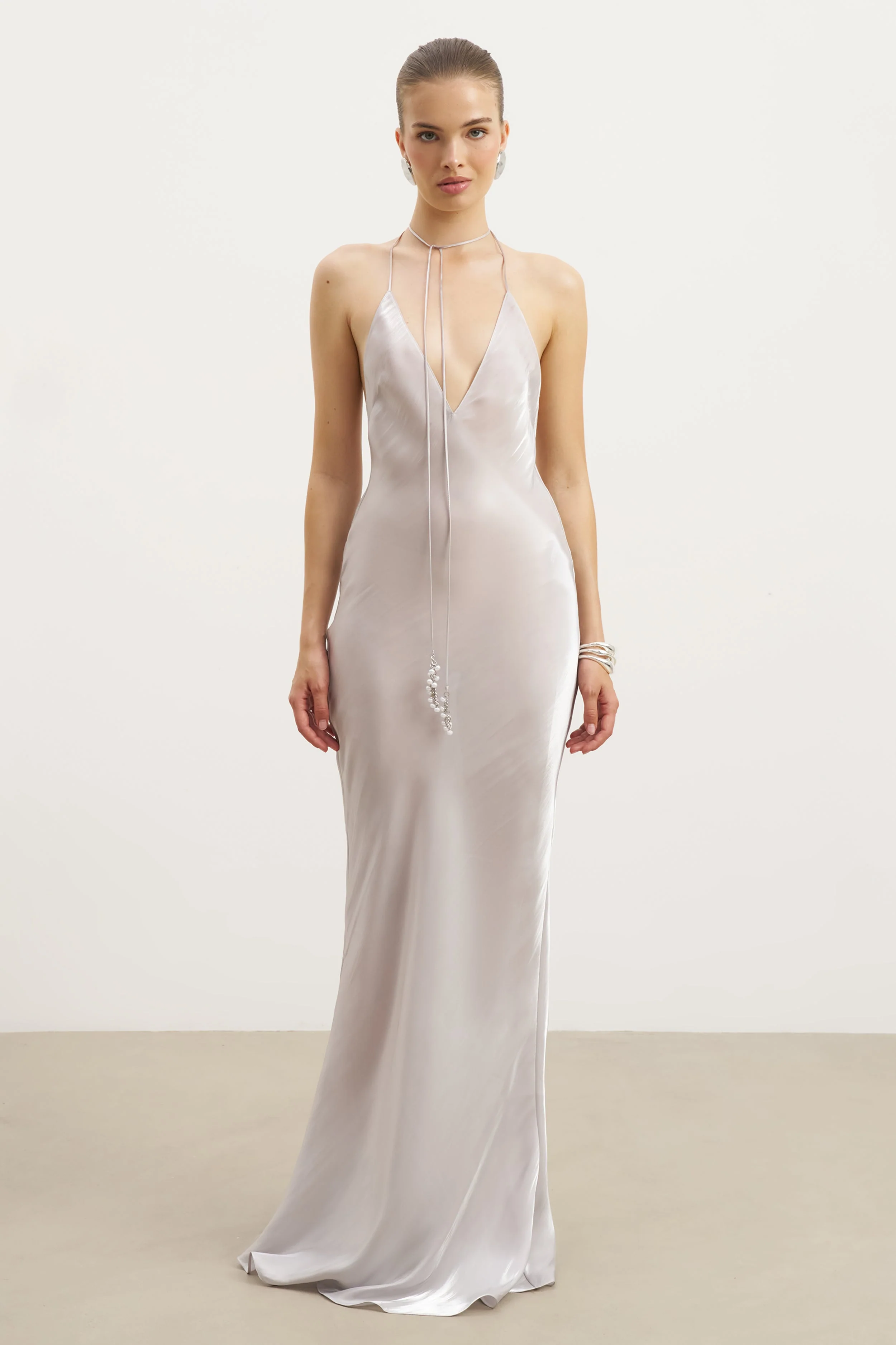 Pearl Detail Plunging Birthday Gown - Oyster Pearl