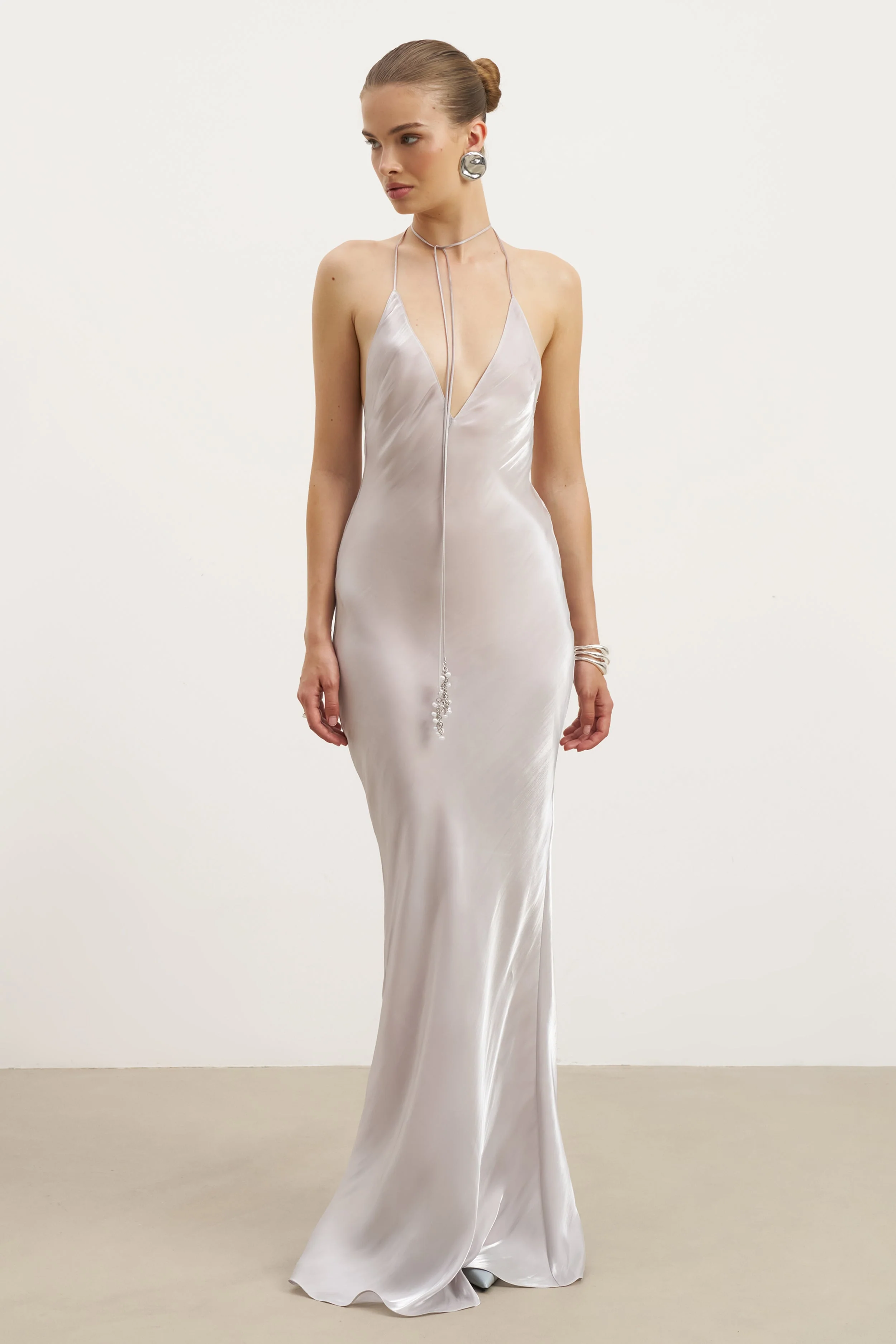 Pearl Detail Plunging Birthday Gown - Oyster Pearl - Image 3