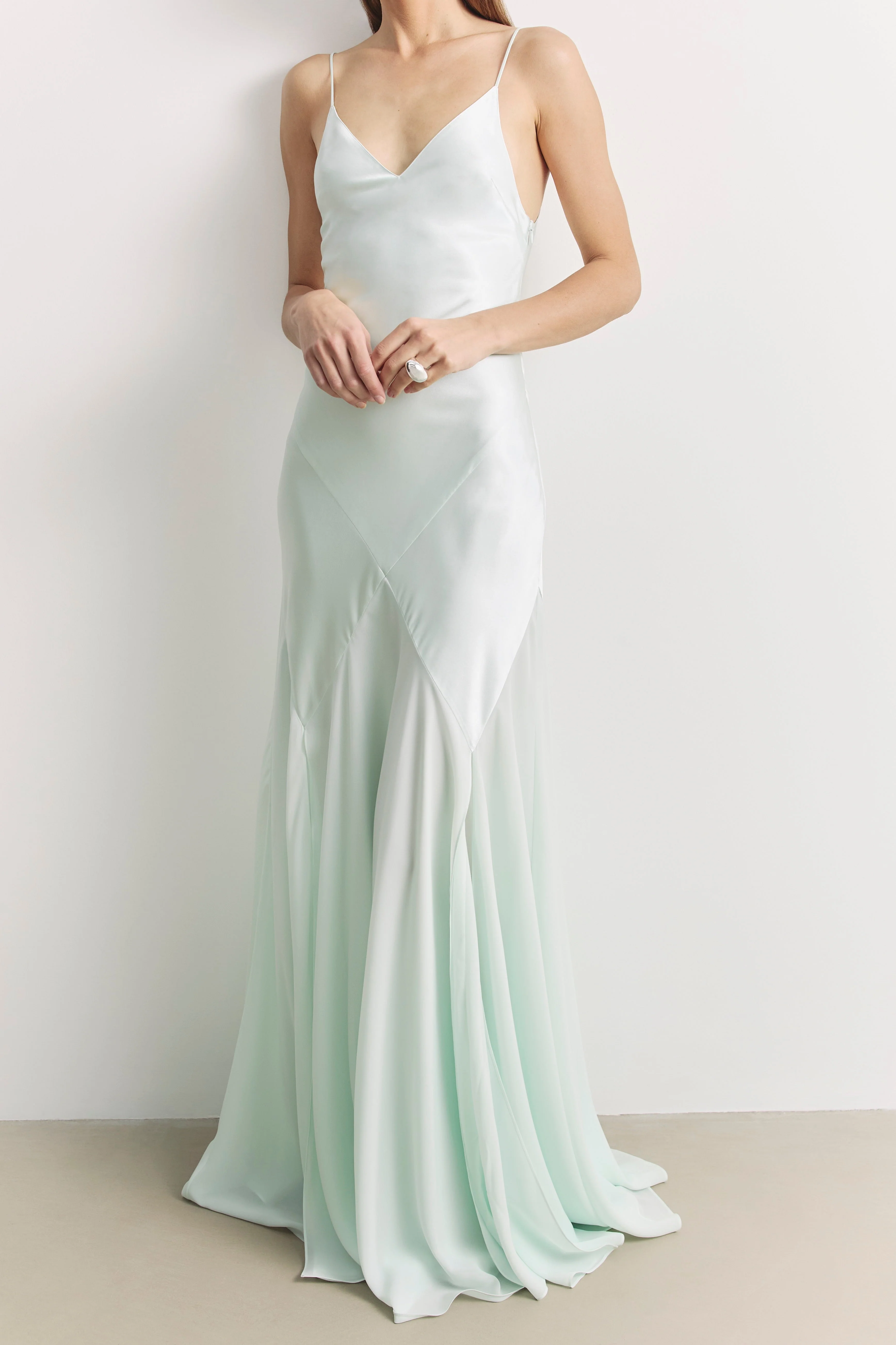 Plunging Satin Handkerchief Hem Gown - Mint - Image 3