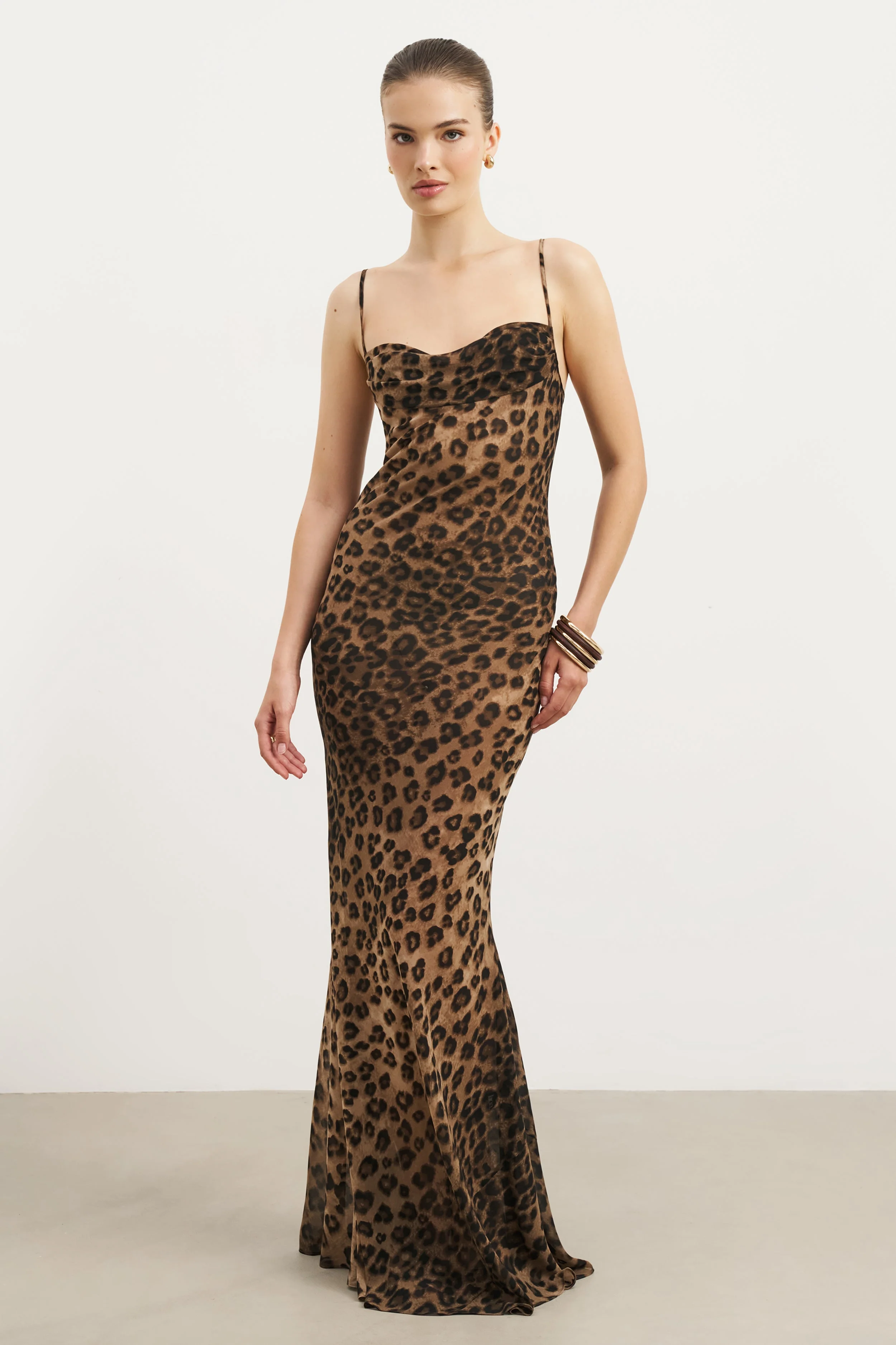 Sheer Ruched Chiffon Maxi Dress - Leopard Print