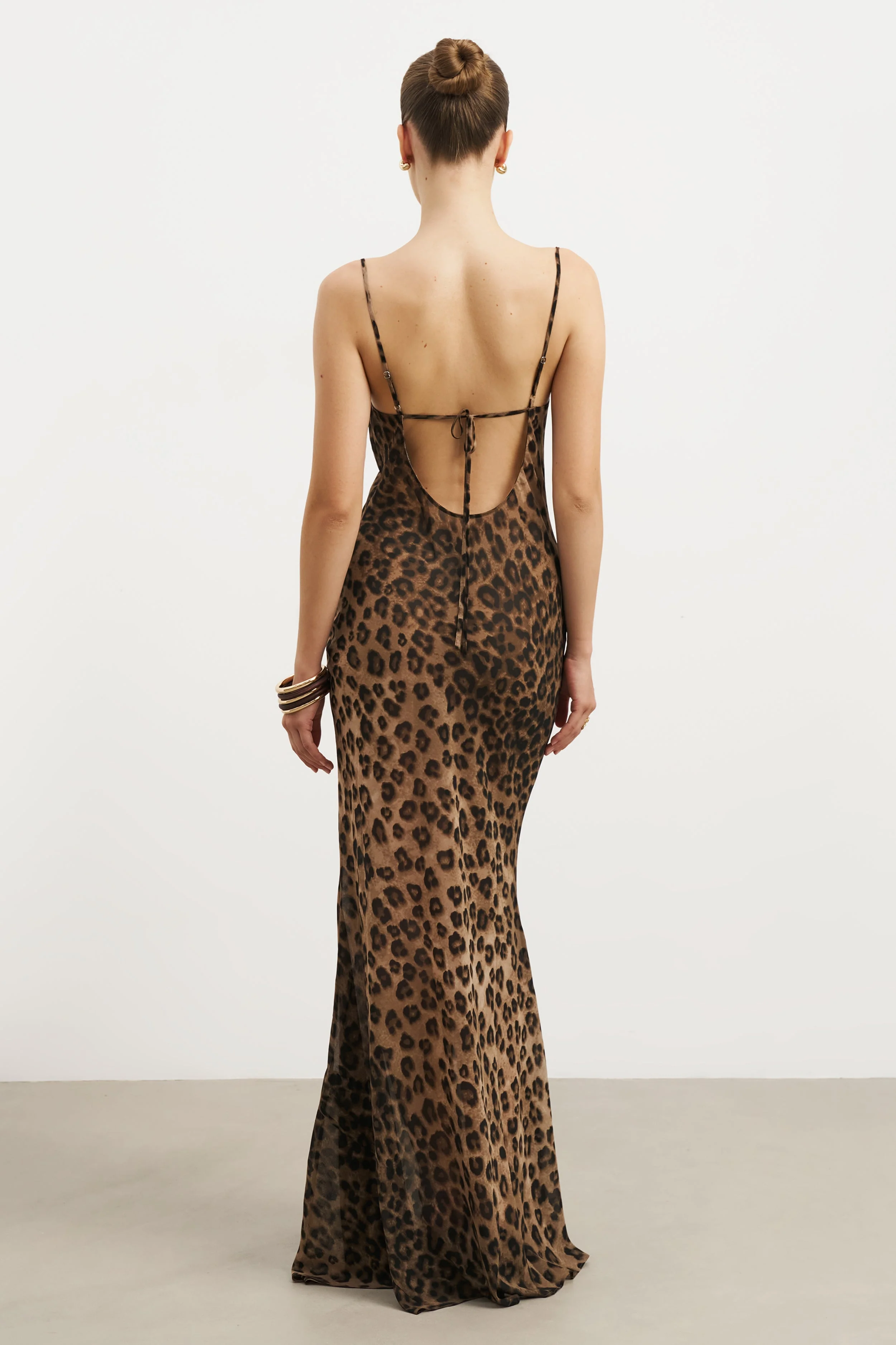 Sheer Ruched Chiffon Maxi Dress - Leopard Print - Image 2