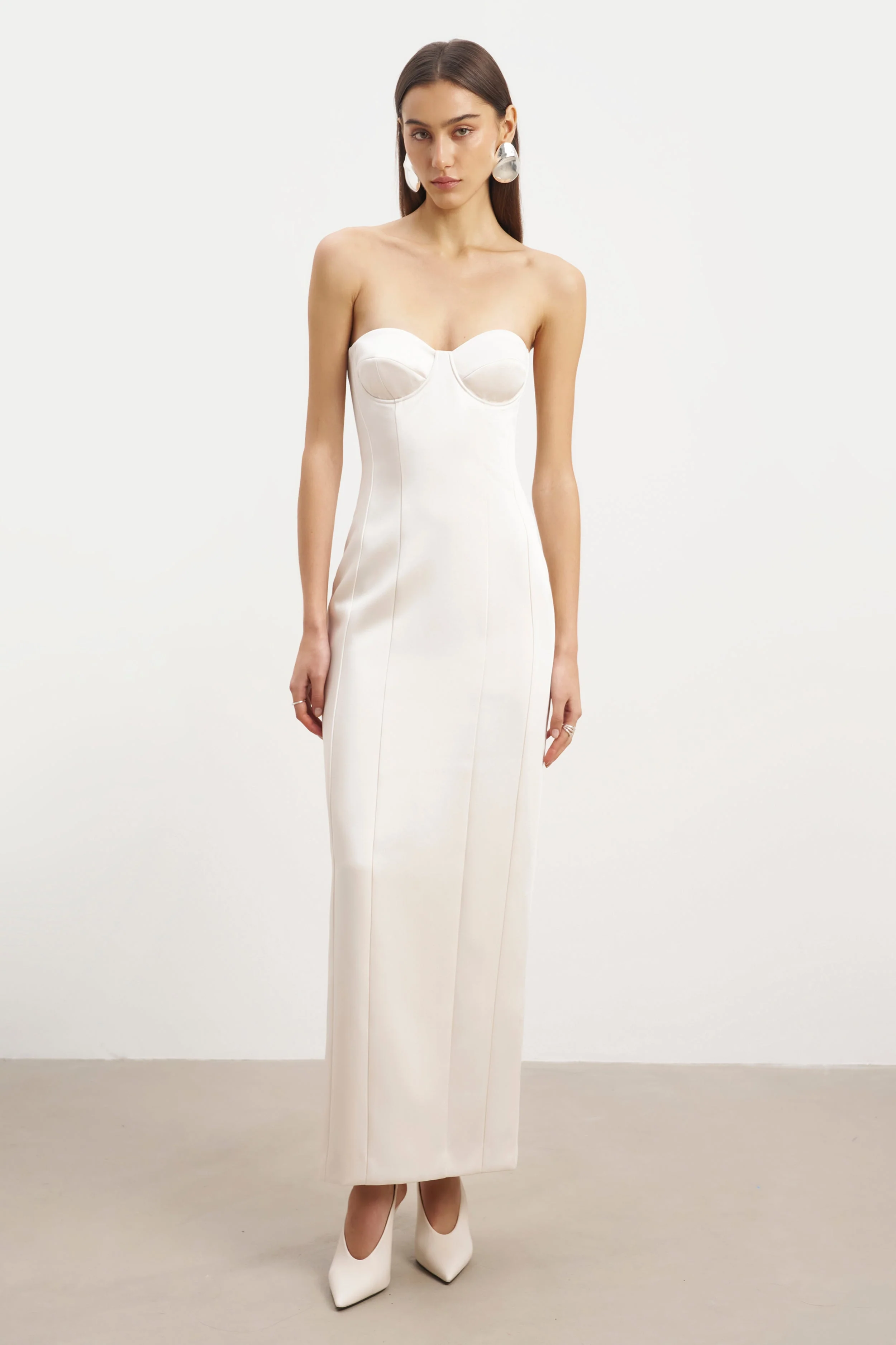 Satin Column Corset Maxi Dress - Cream