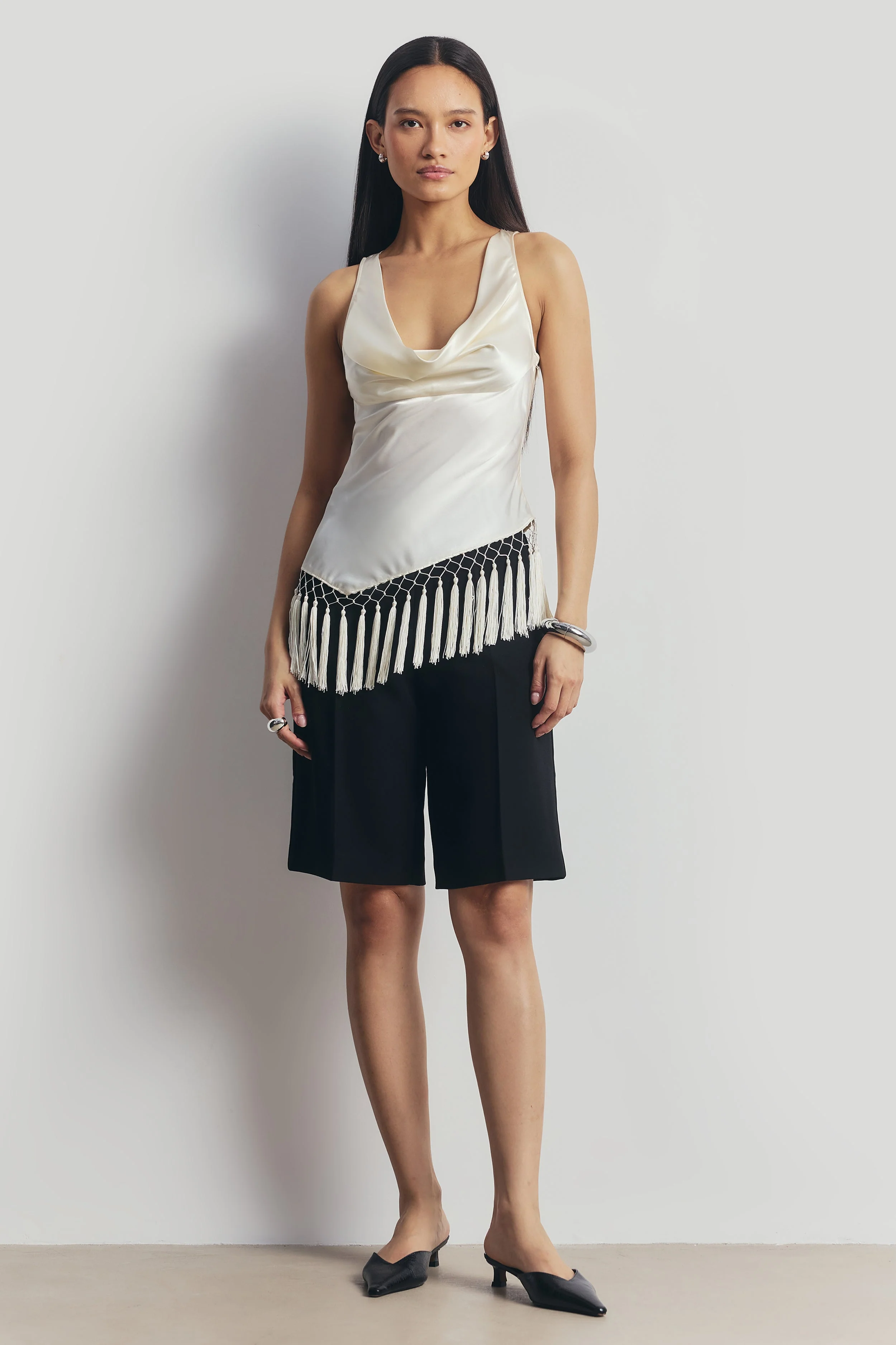 Satin Cowl Neck Tassel Hem Top - Cream - Image 2