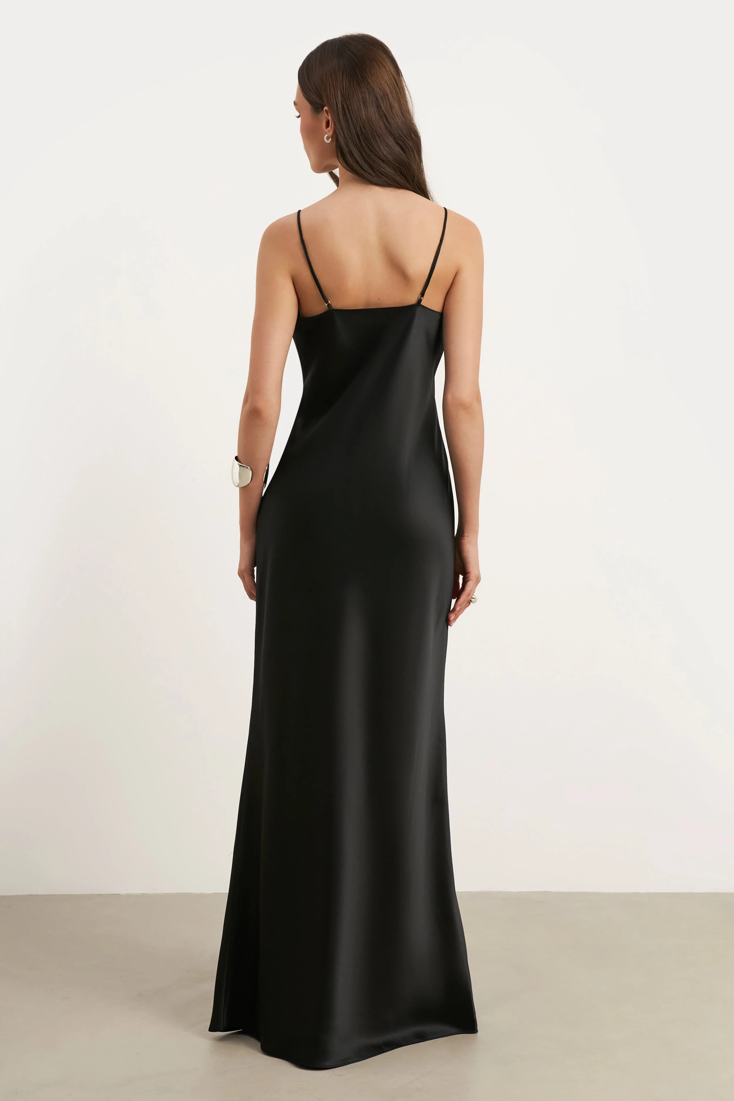 Satin Lace Detail Camisole Maxi Dress - Black - Image 2