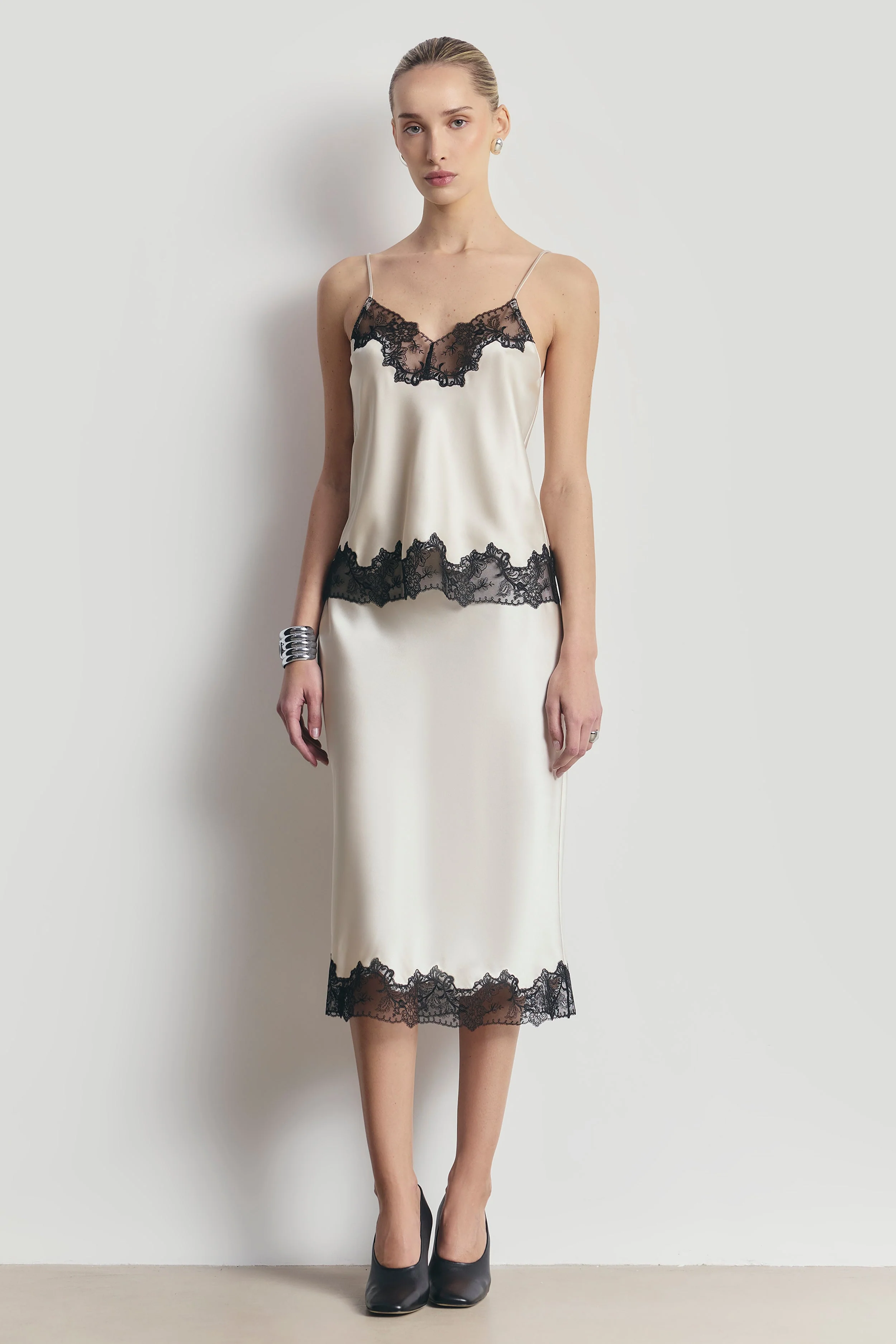 Satin Lace Detail Midi Skirt - Champagne/Black