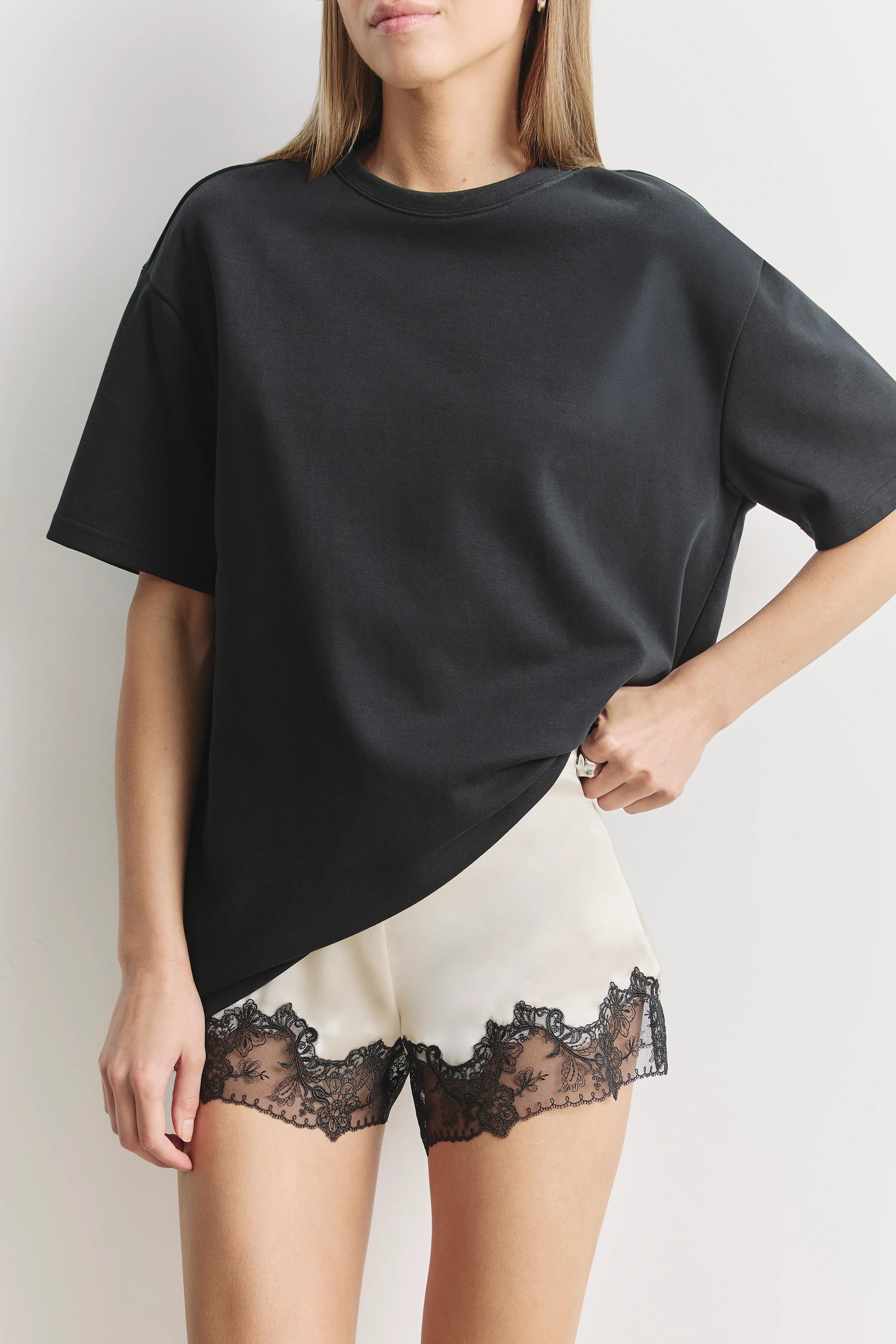 Satin Lace Detail Shorts - Champagne/Black - Image 2