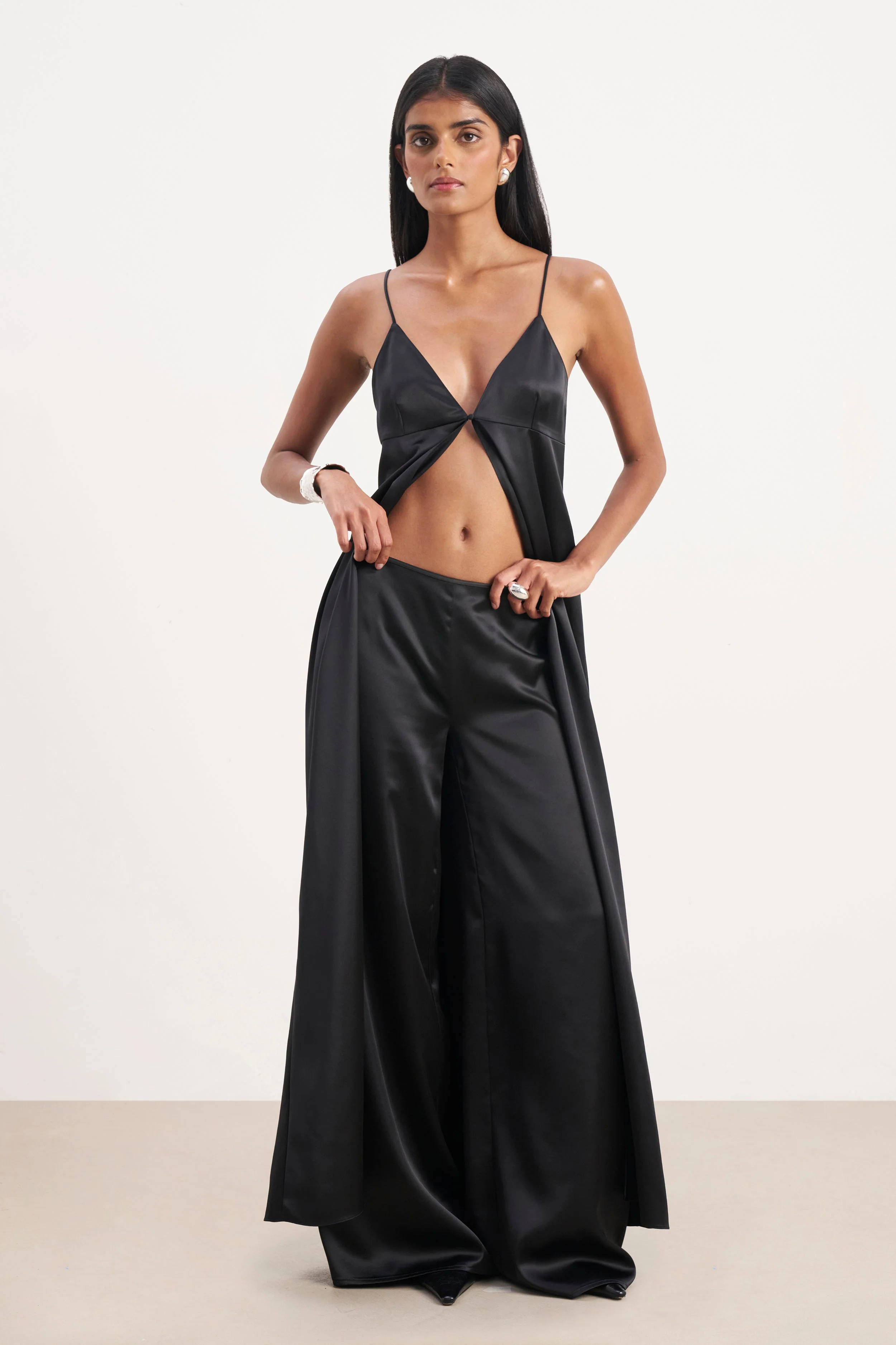 Satin V Neck Longline Camisole - Black - Image 4