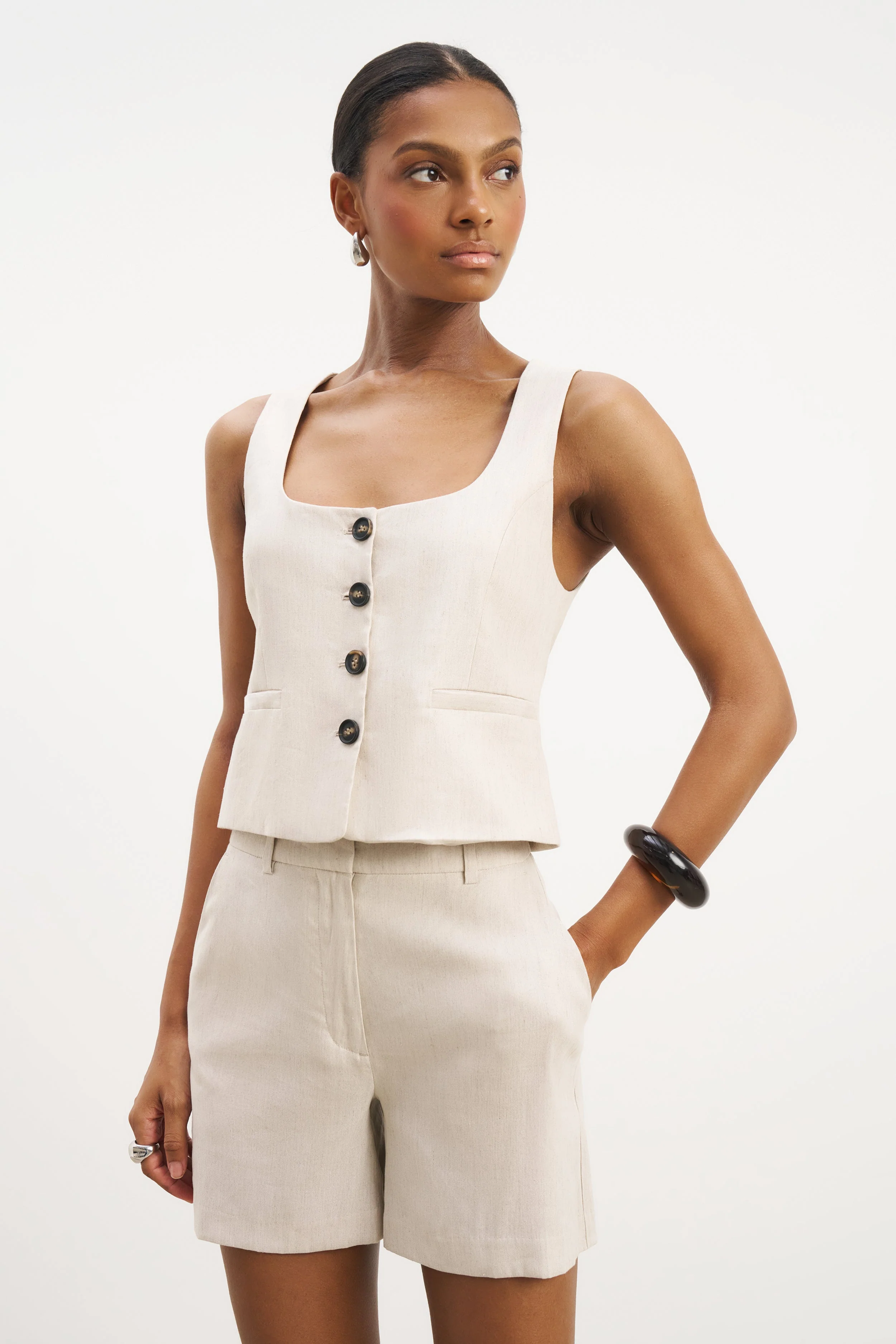 Scoop Neck Linen Waistcoat - Birch