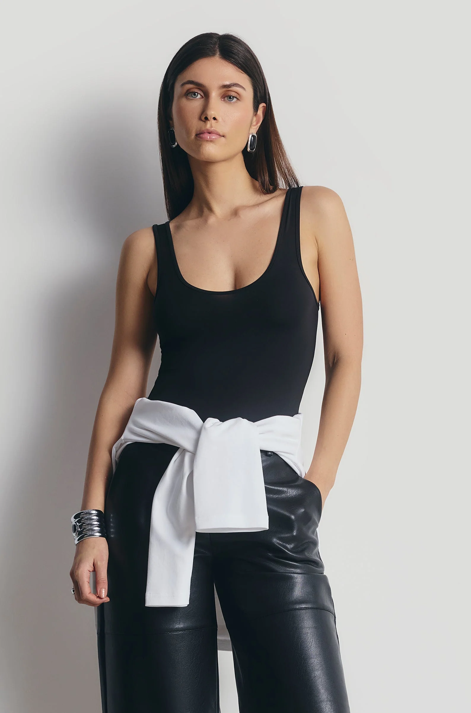 Semi Sheer Scoop Neck Bodysuit - Black