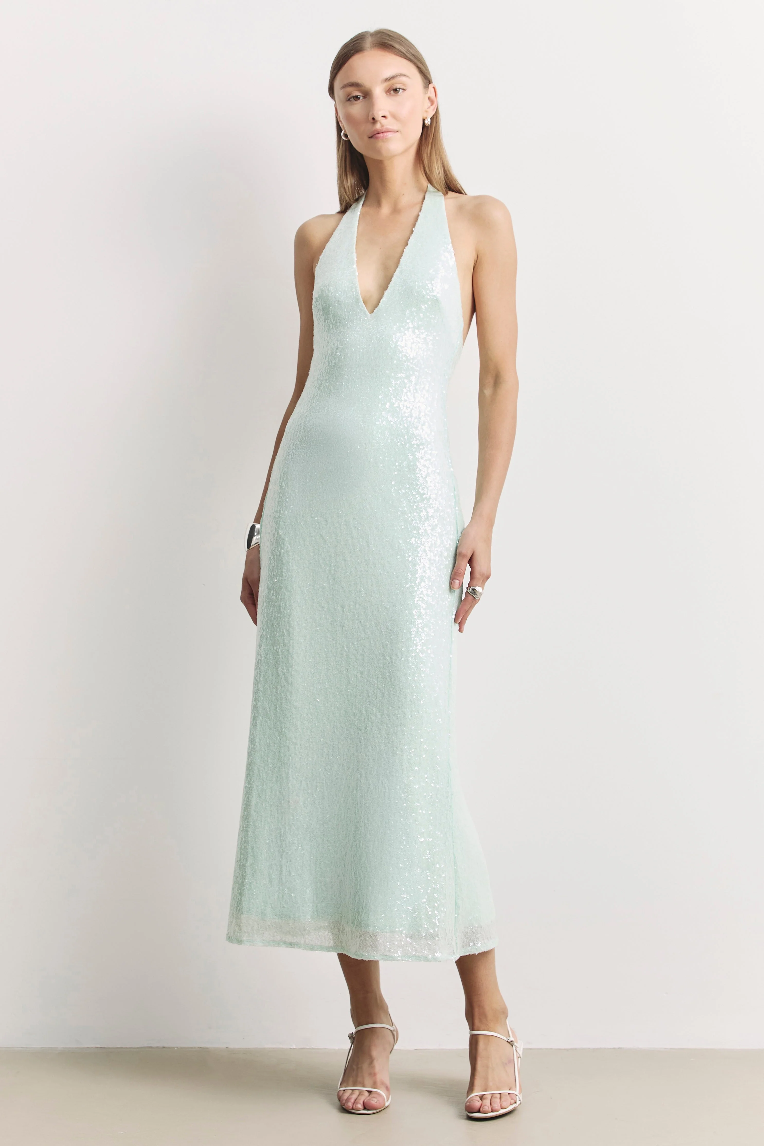 Sequin V Neck Plunge Midi Dress - Mint
