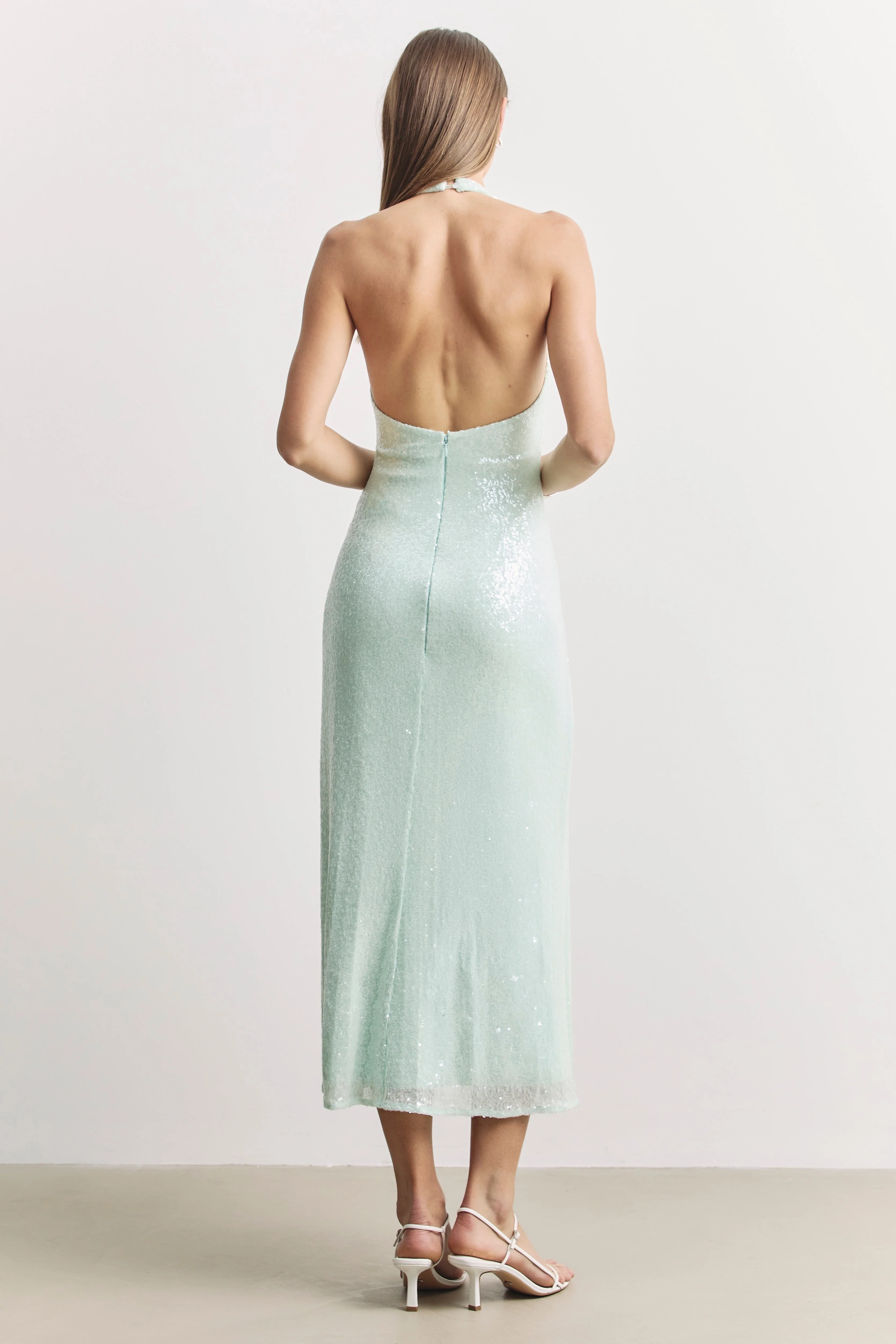 Sequin V Neck Plunge Midi Dress - Mint - Image 2