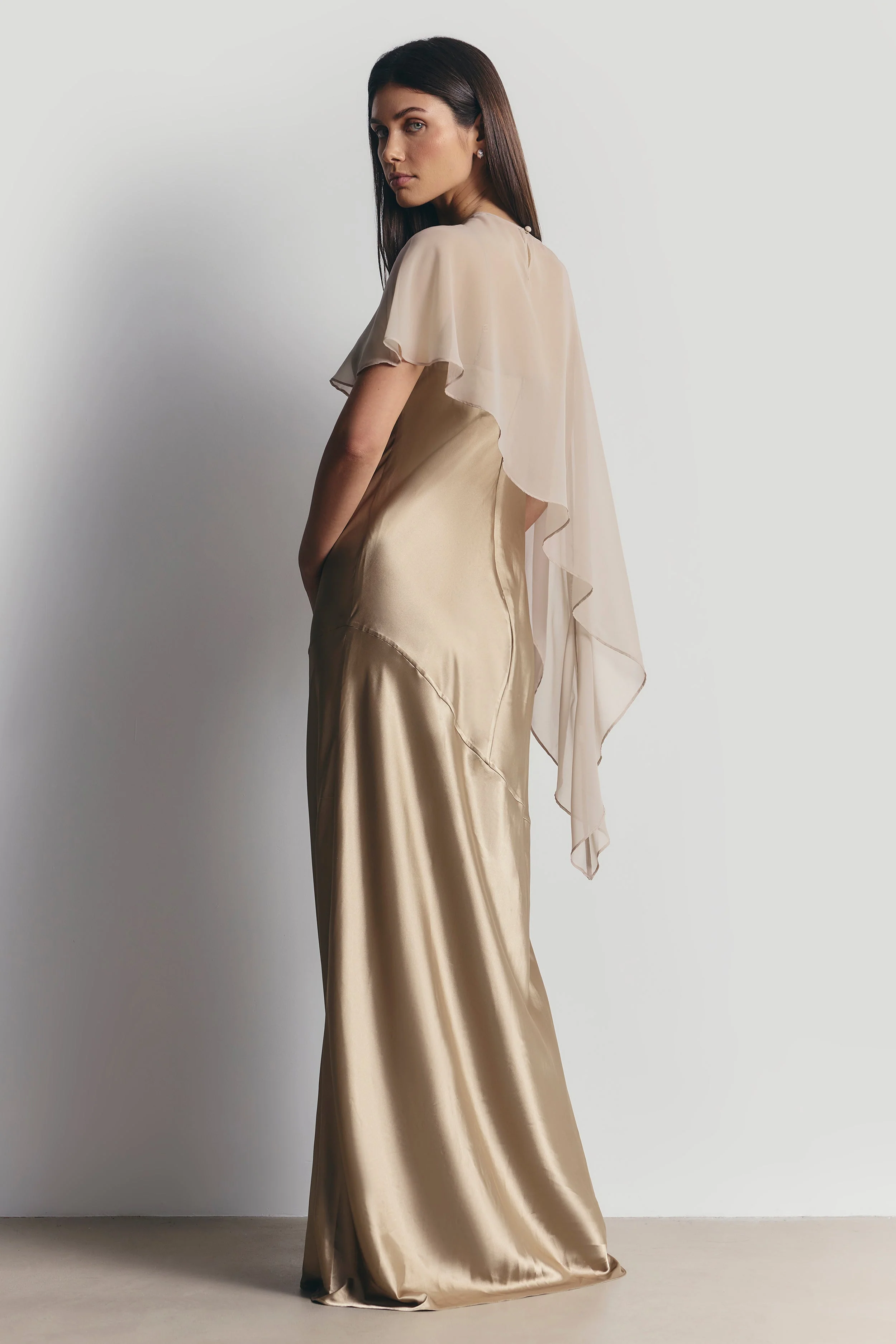 Sheer Chiffon Asymmetric Cape - Champagne - Image 2