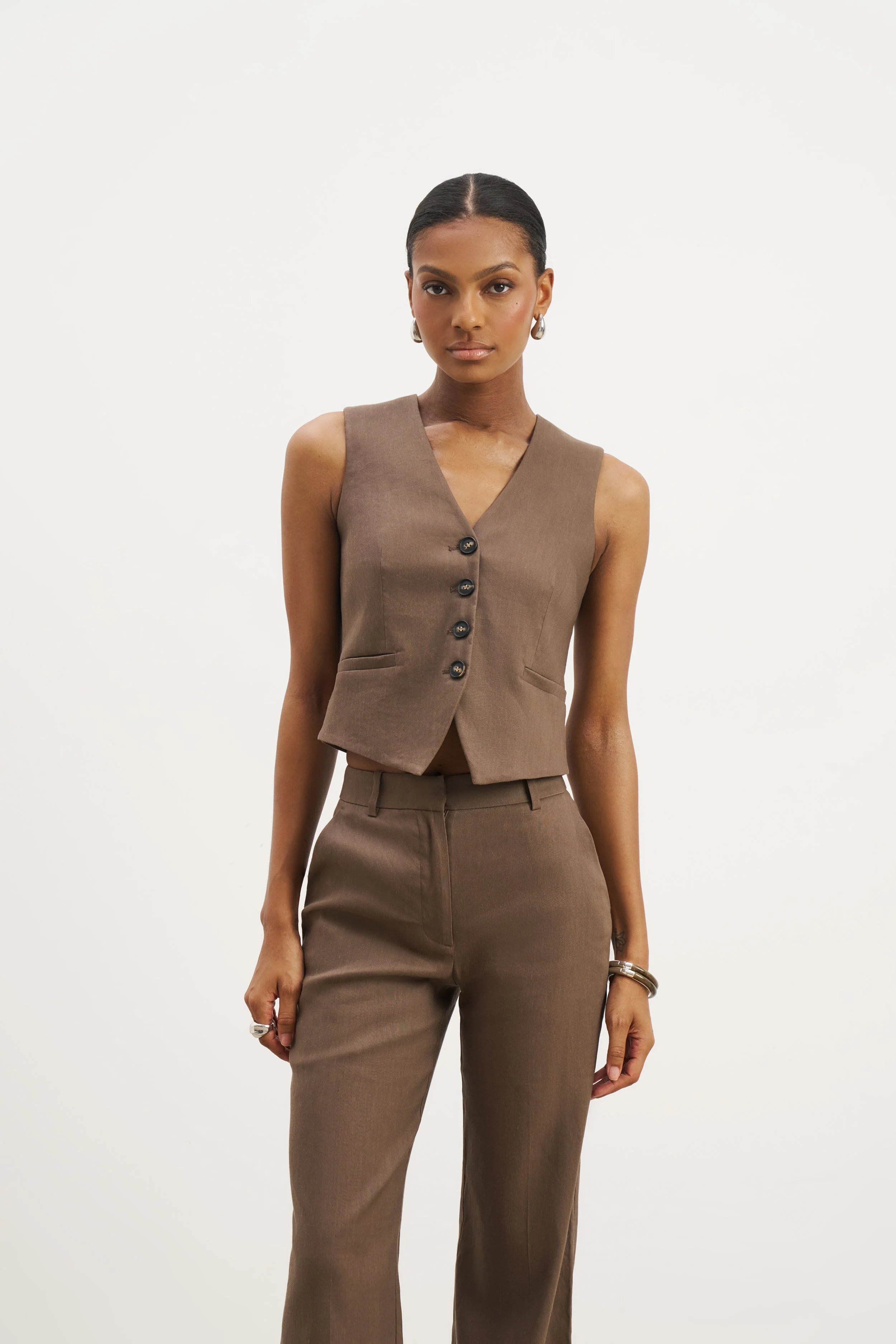 Straight Cut Linen Waistcoat - Truffle - Image 2