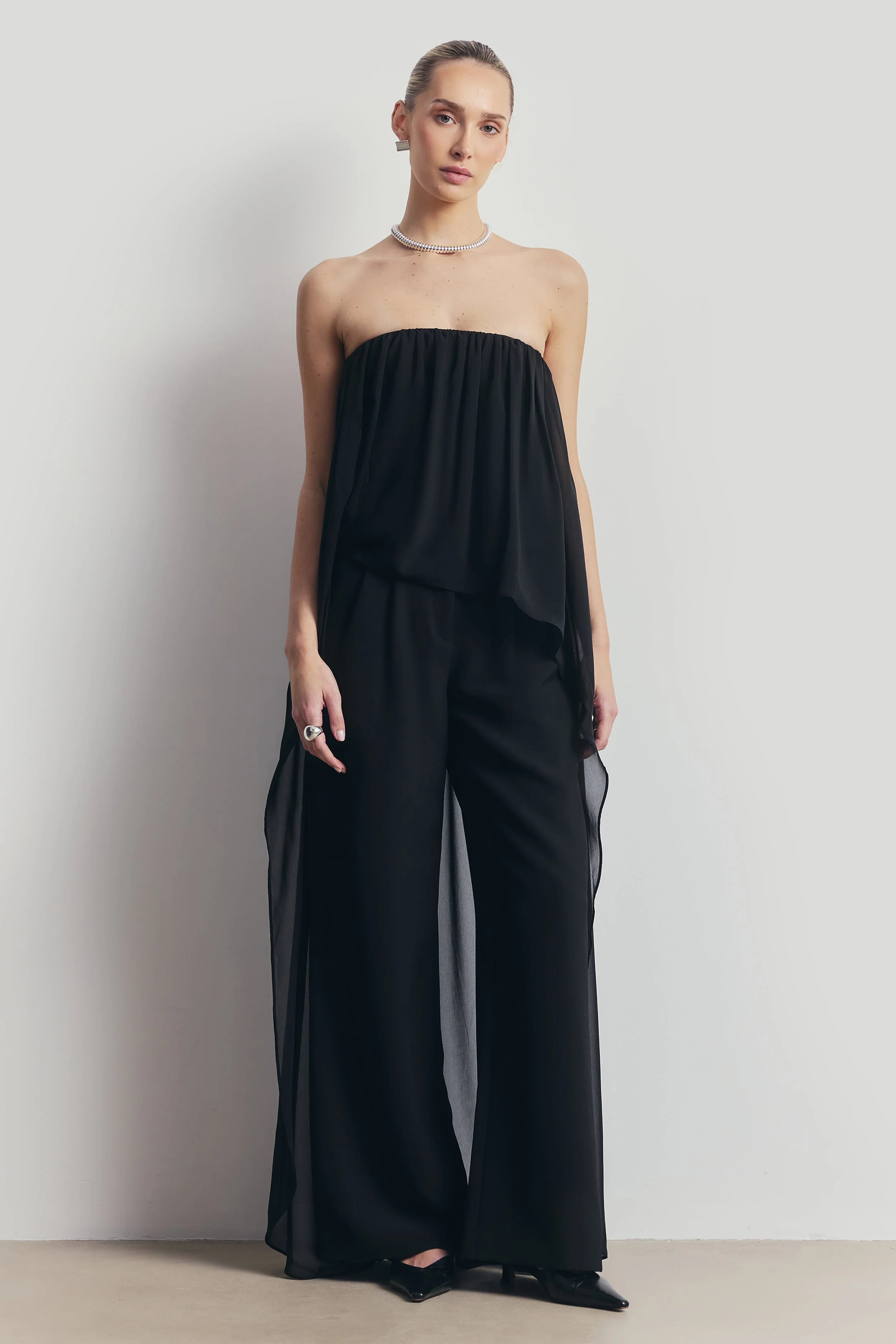 Strapless Chiffon Layered Corset Top - Black