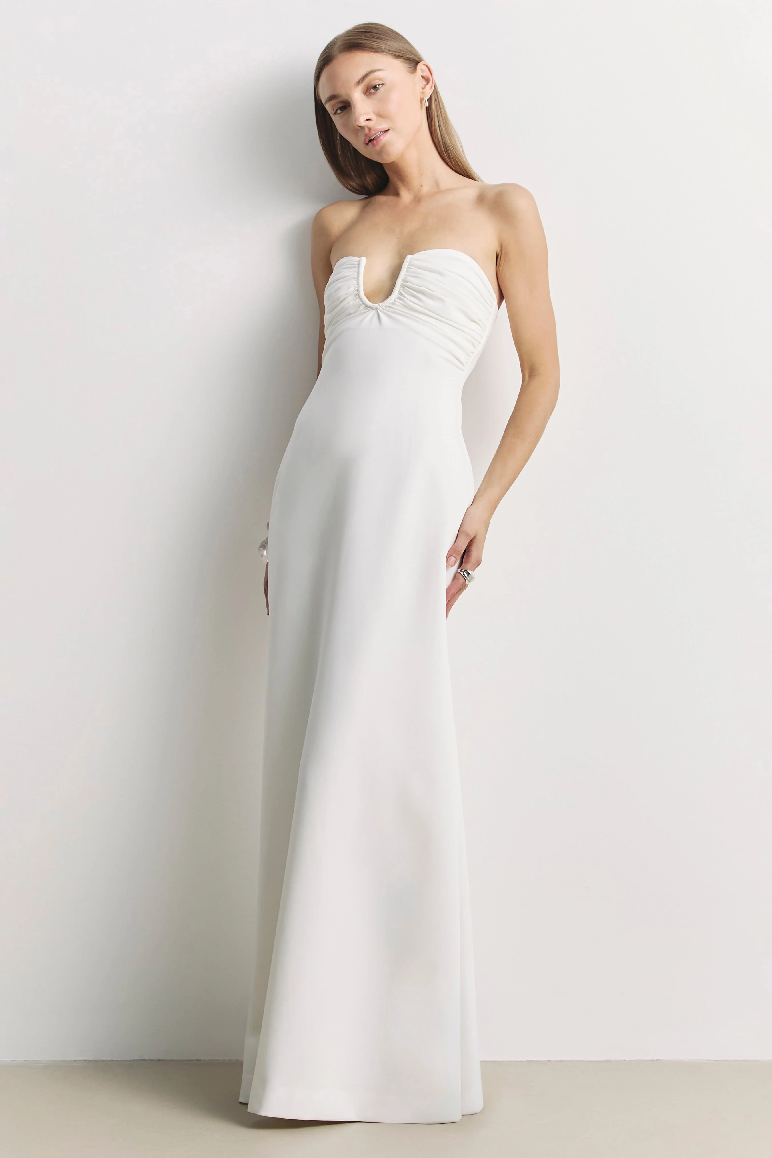 Strapless Ruched Bust Column Maxi Dress - White - Image 4