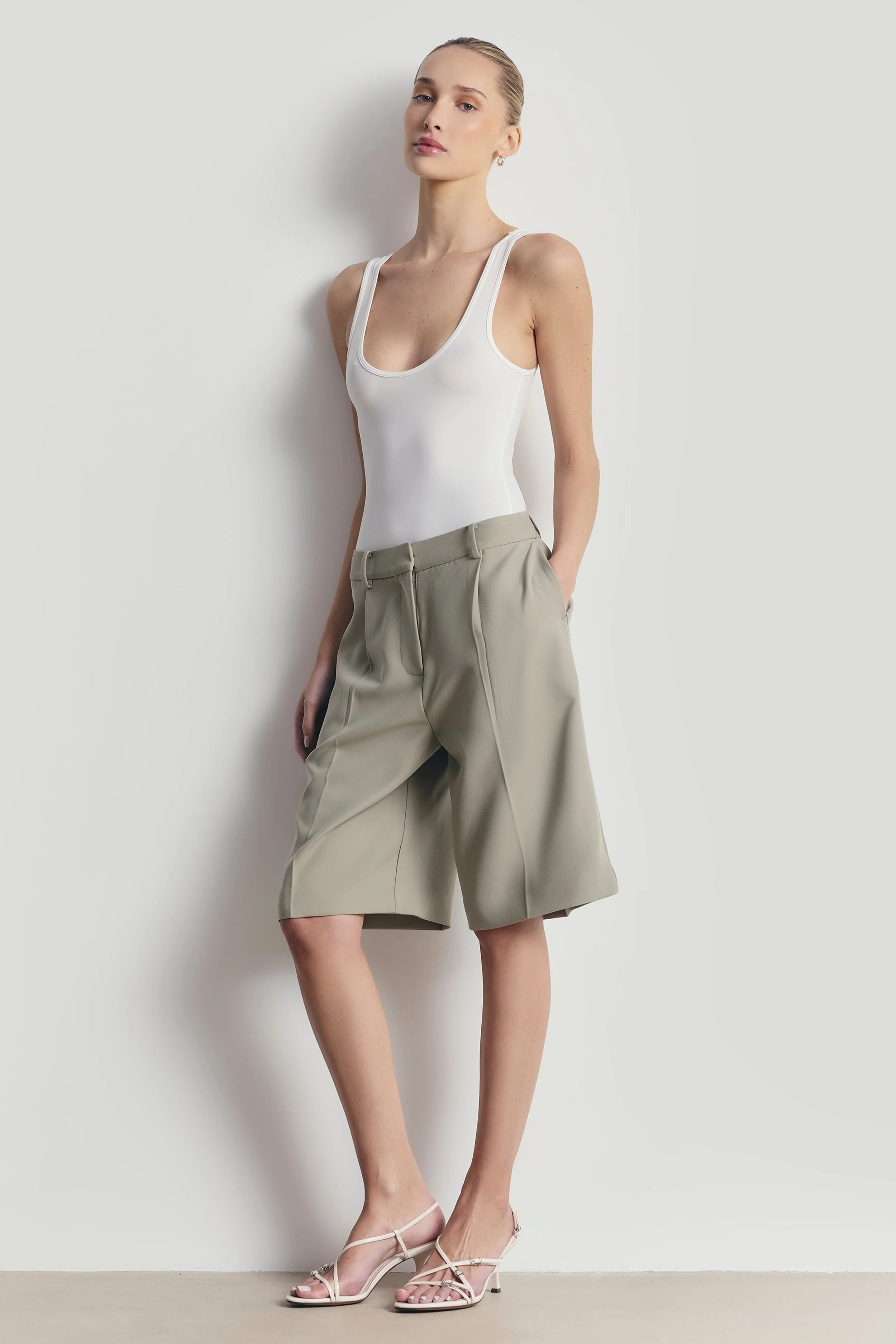 Tailored Dropped Waist Longline Shorts - Antique Sage - Image 2