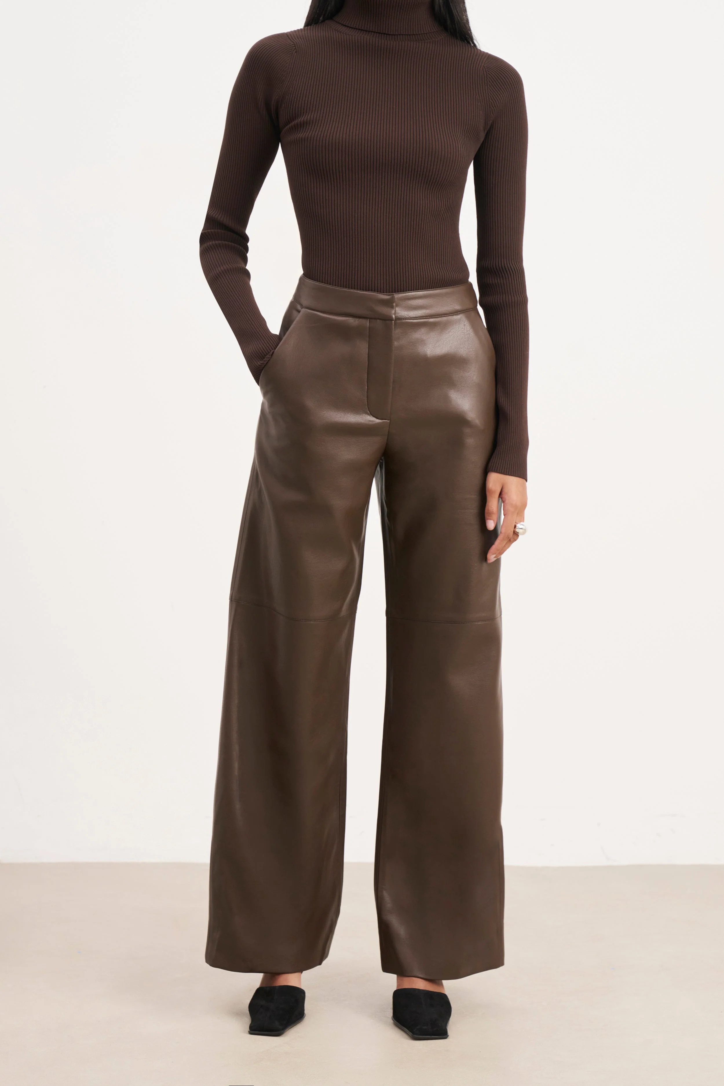 Tailored Leather Wide Leg Trousers - Carob - Image 2