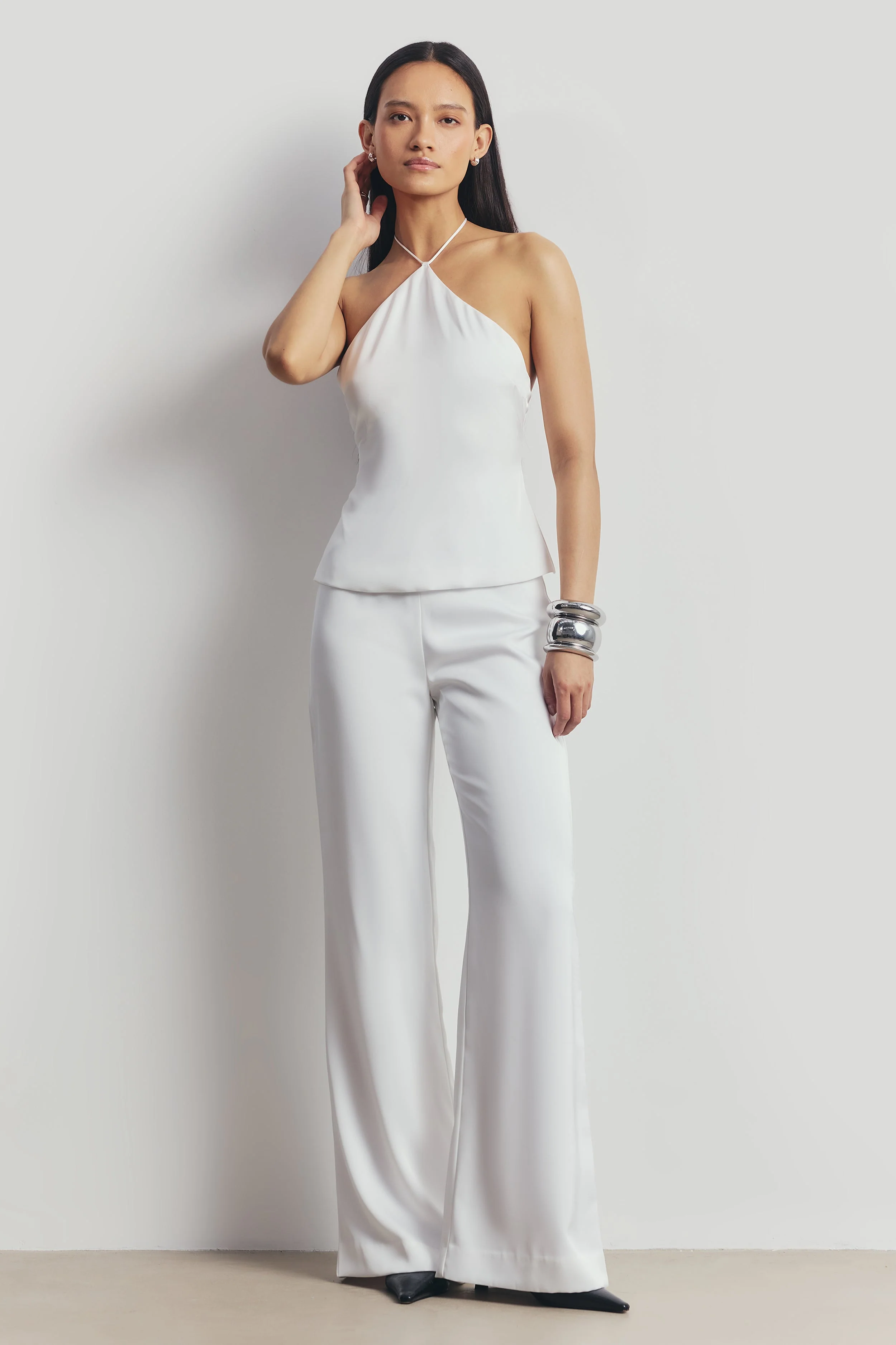Tailored Satin Wide Leg Trousers - White - Image 2