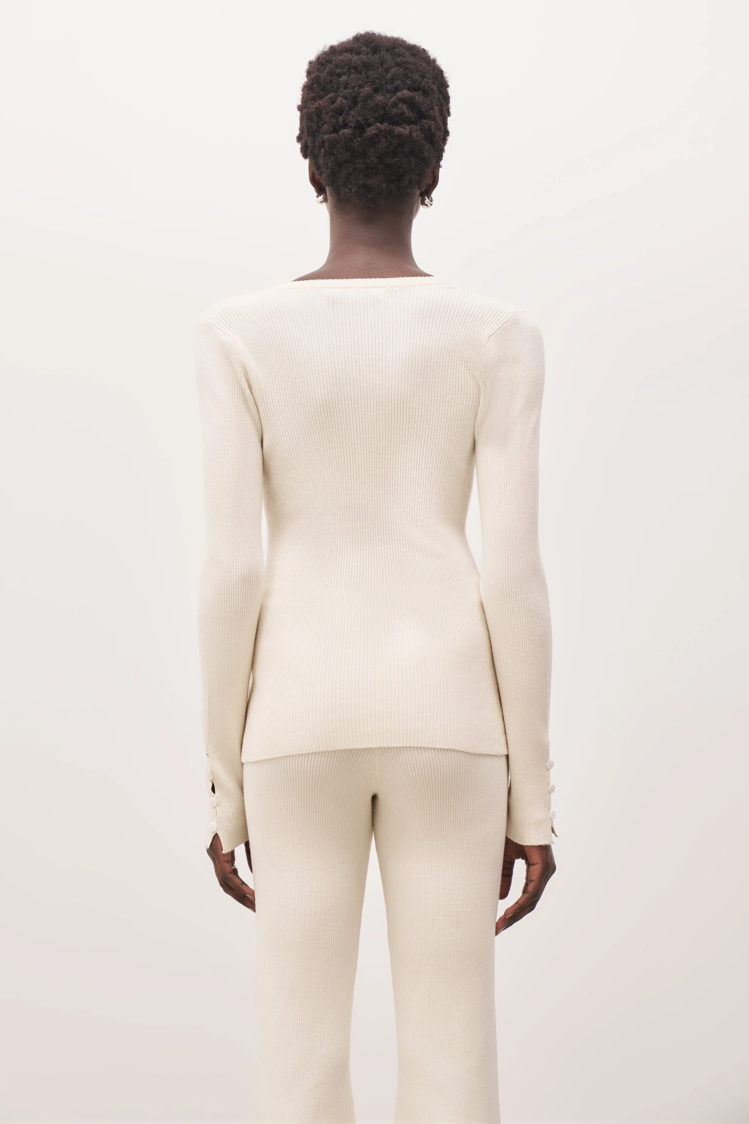V Neck Ribbed Knit Cardigan - Cream - Image 2